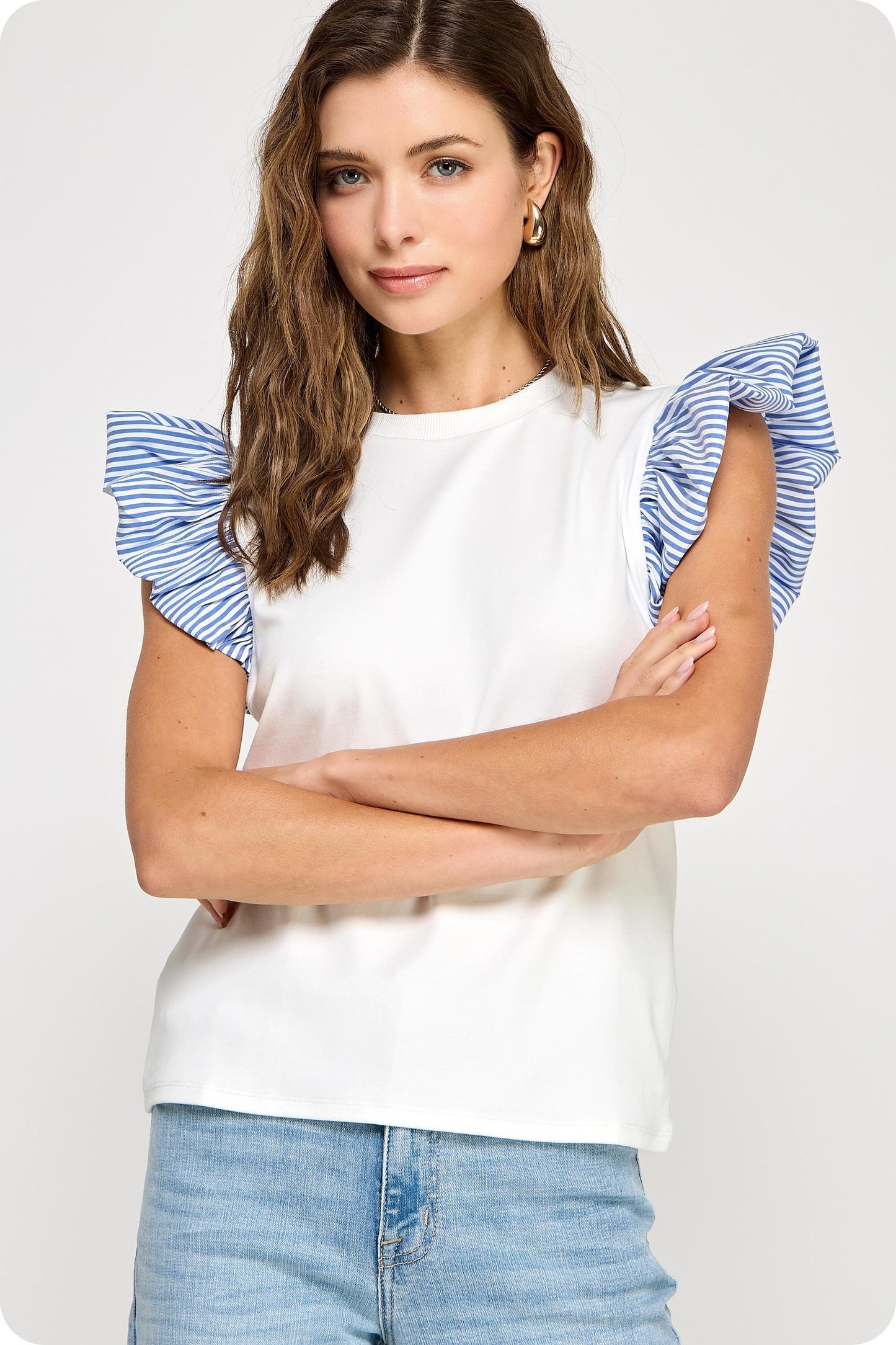 White Blue Stripe Sleeve Knit Top