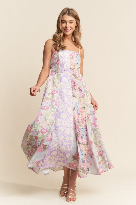 Garden Party Patchwork Floral Maxi Dress with Spaghetti Straps