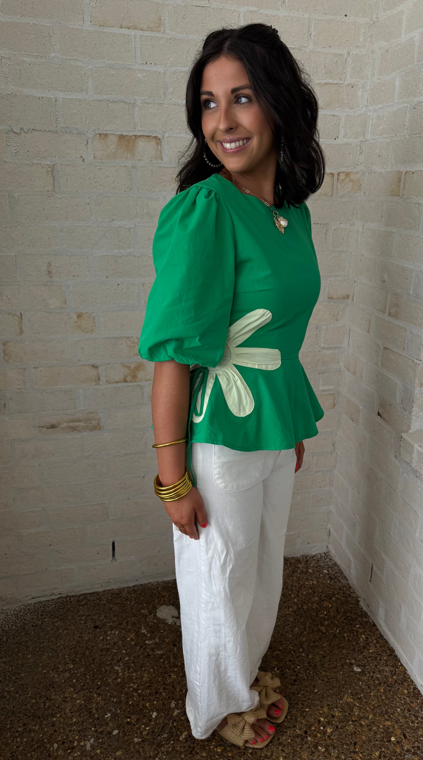 Green Flower Detail Peplum Top