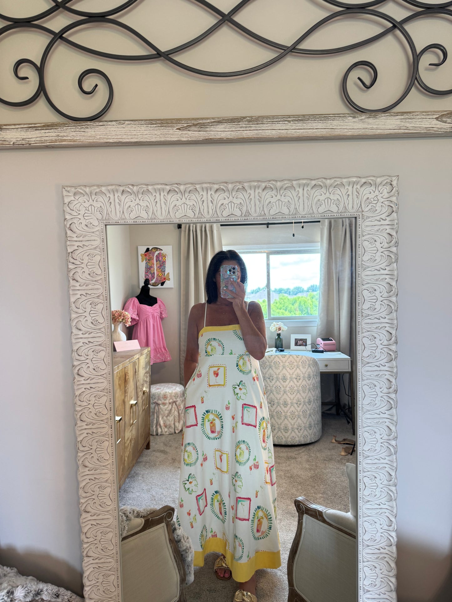 Happy Hour Print Spaghetti Strap Midi Dress