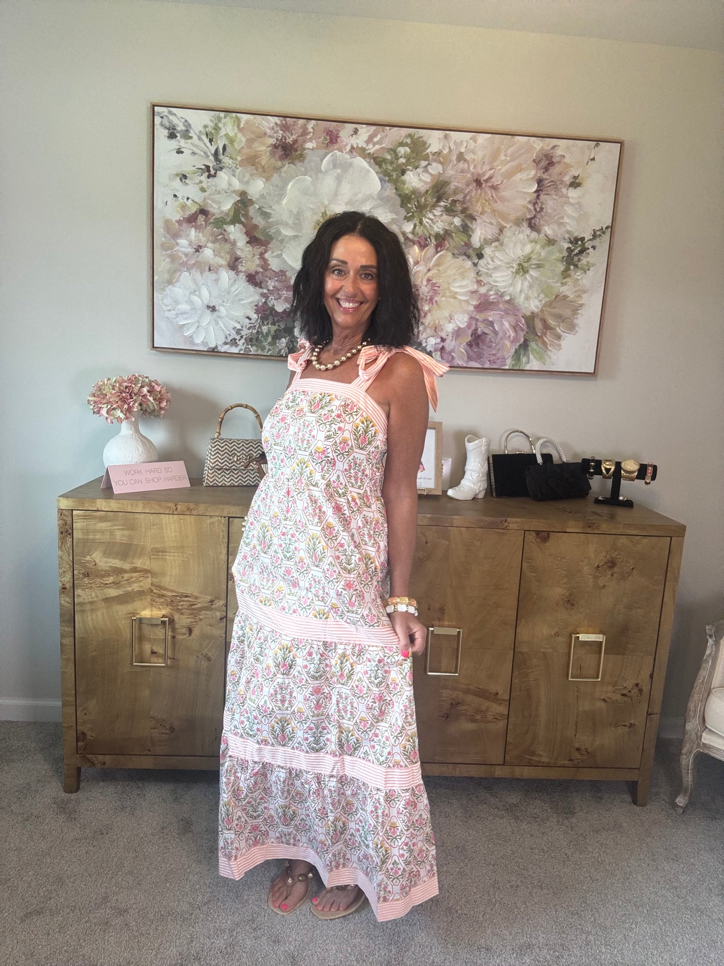 Peach Floral Print Maxi Dress