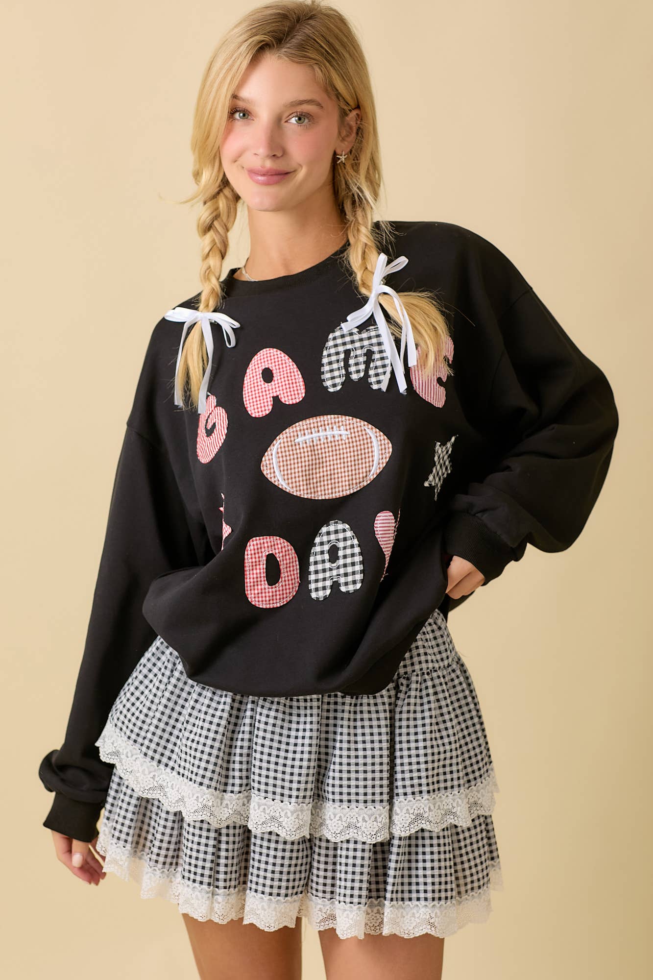 Game Day Patchwork Long Sleeve Crewneck Top