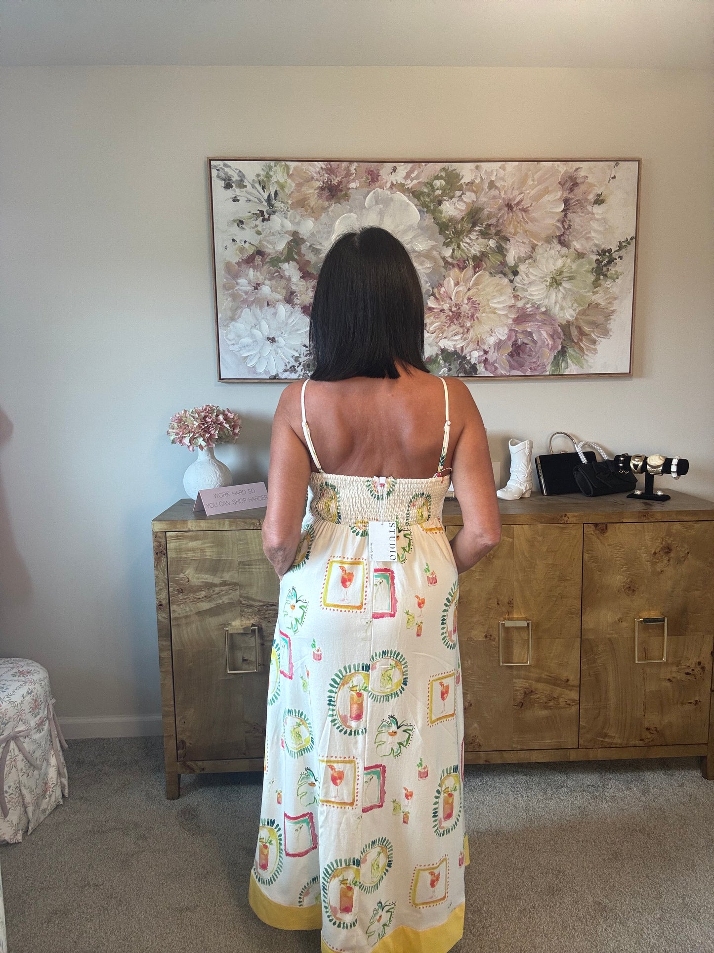 Happy Hour Print Spaghetti Strap Midi Dress
