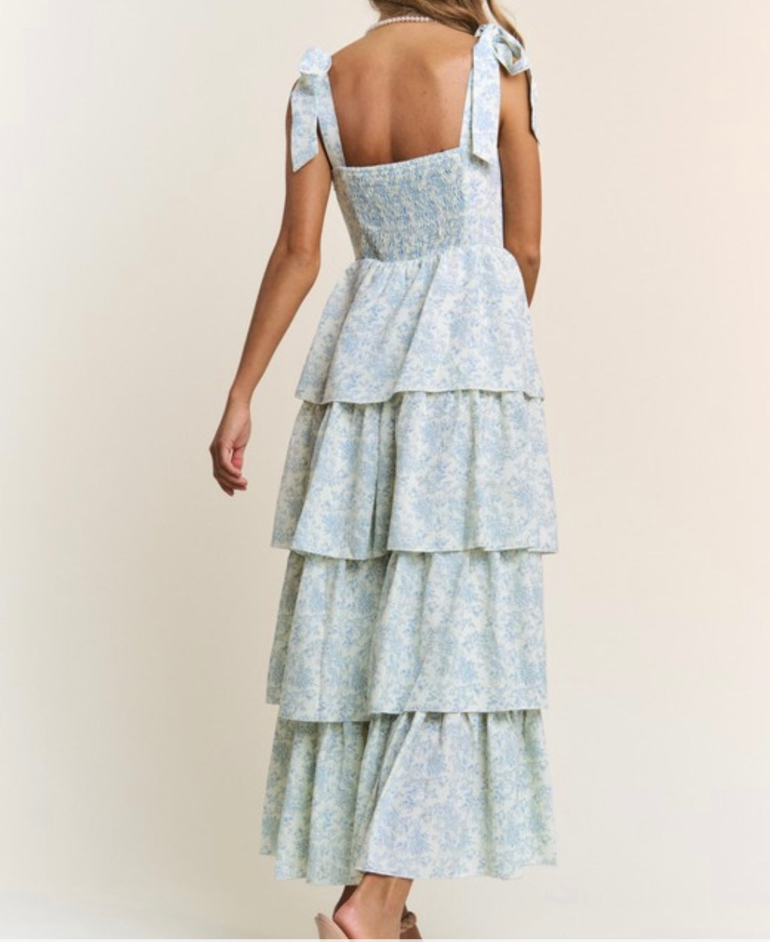 Southern Bell Shoulder Ribbon Strap Tiered Maxi Dress