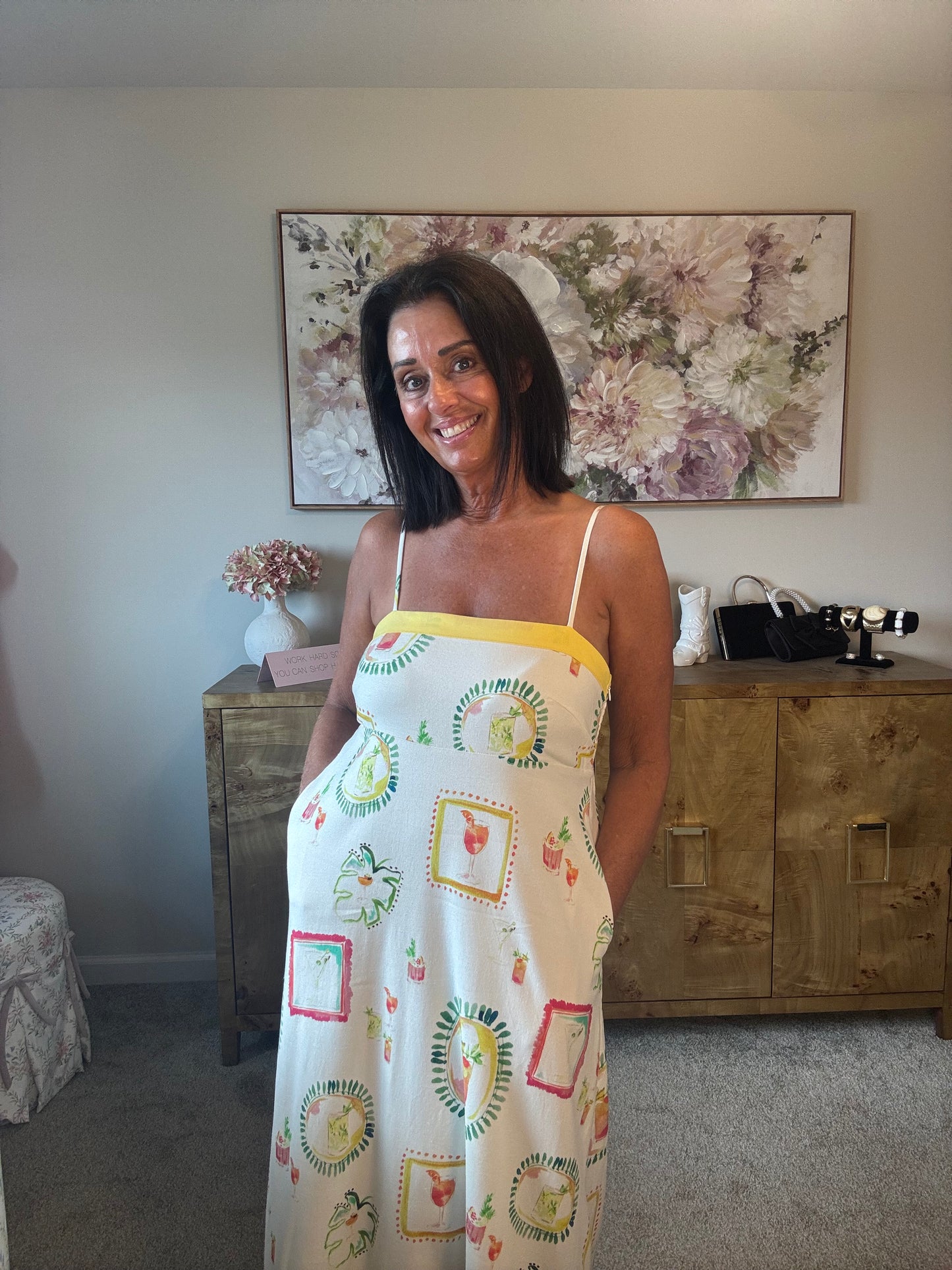 Happy Hour Print Spaghetti Strap Midi Dress