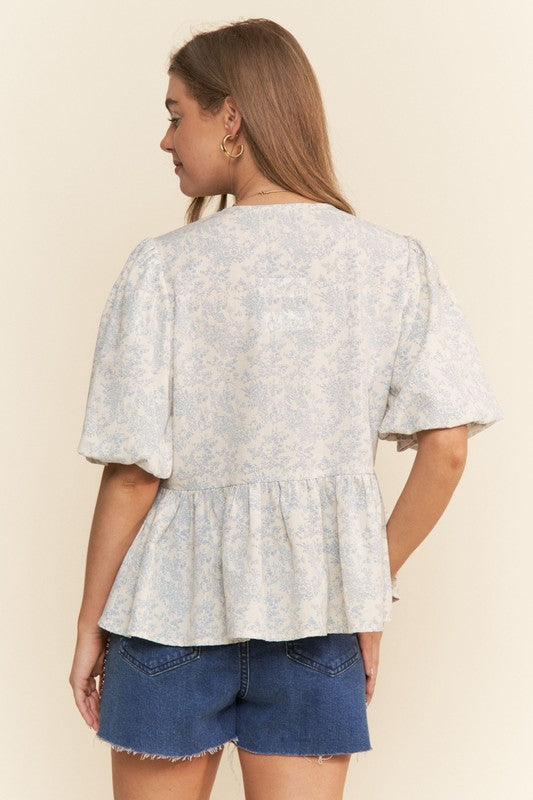 Blue Floral Print Short Sleeve top