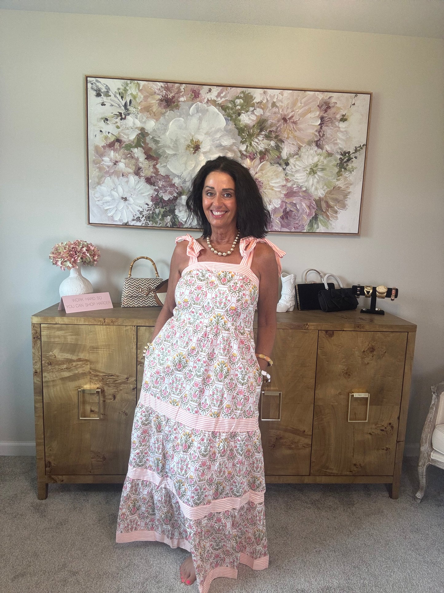 Peach Floral Print Maxi Dress