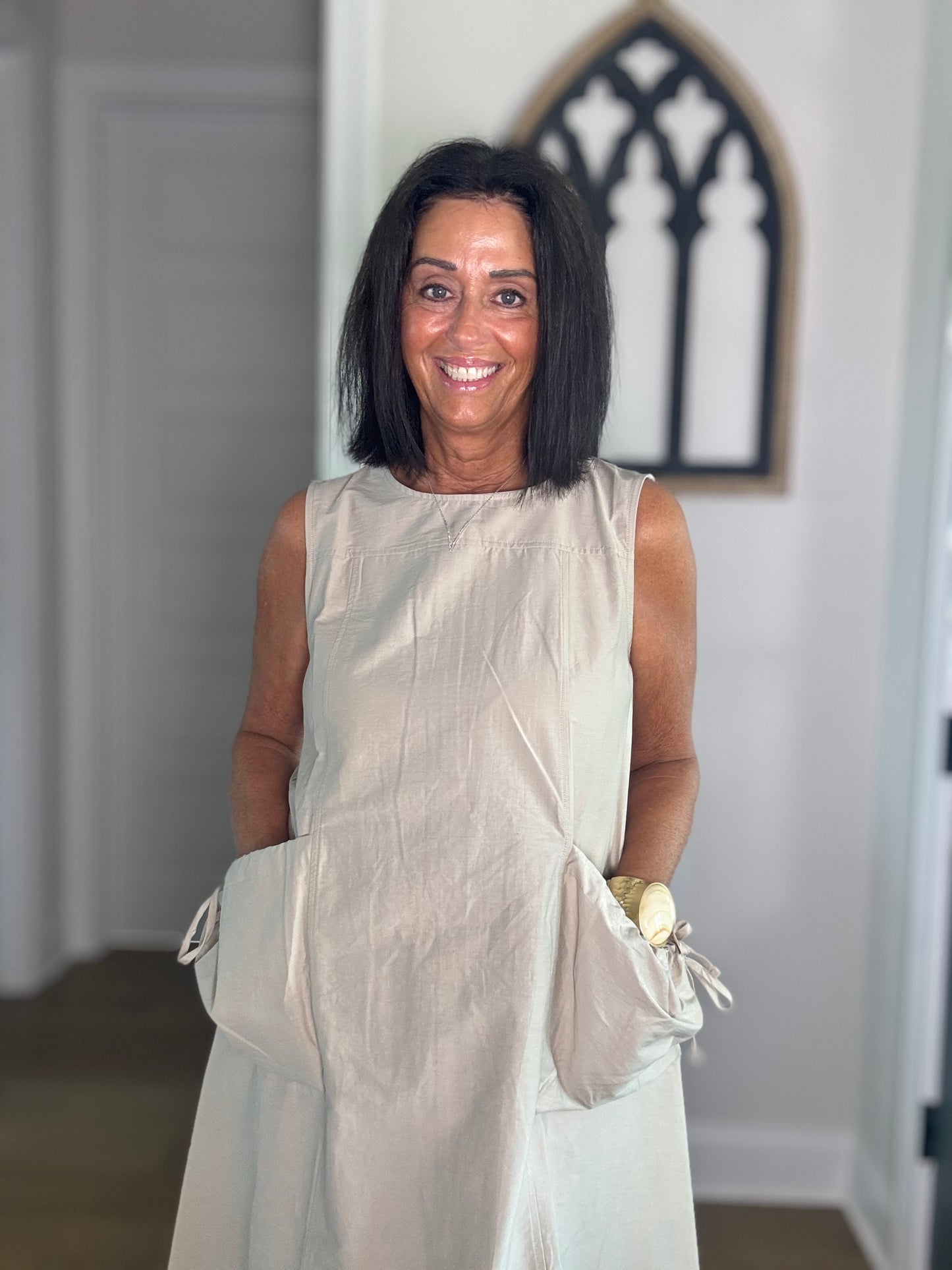Phoebe Pocket Tie Sleeveless Midi Dress Sand Color