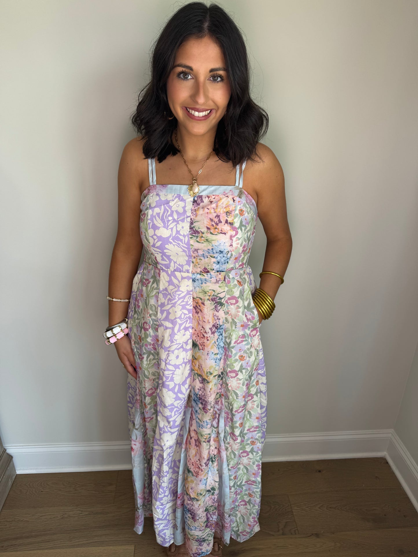 Garden Party Patchwork Floral Maxi Dress with Spaghetti Straps