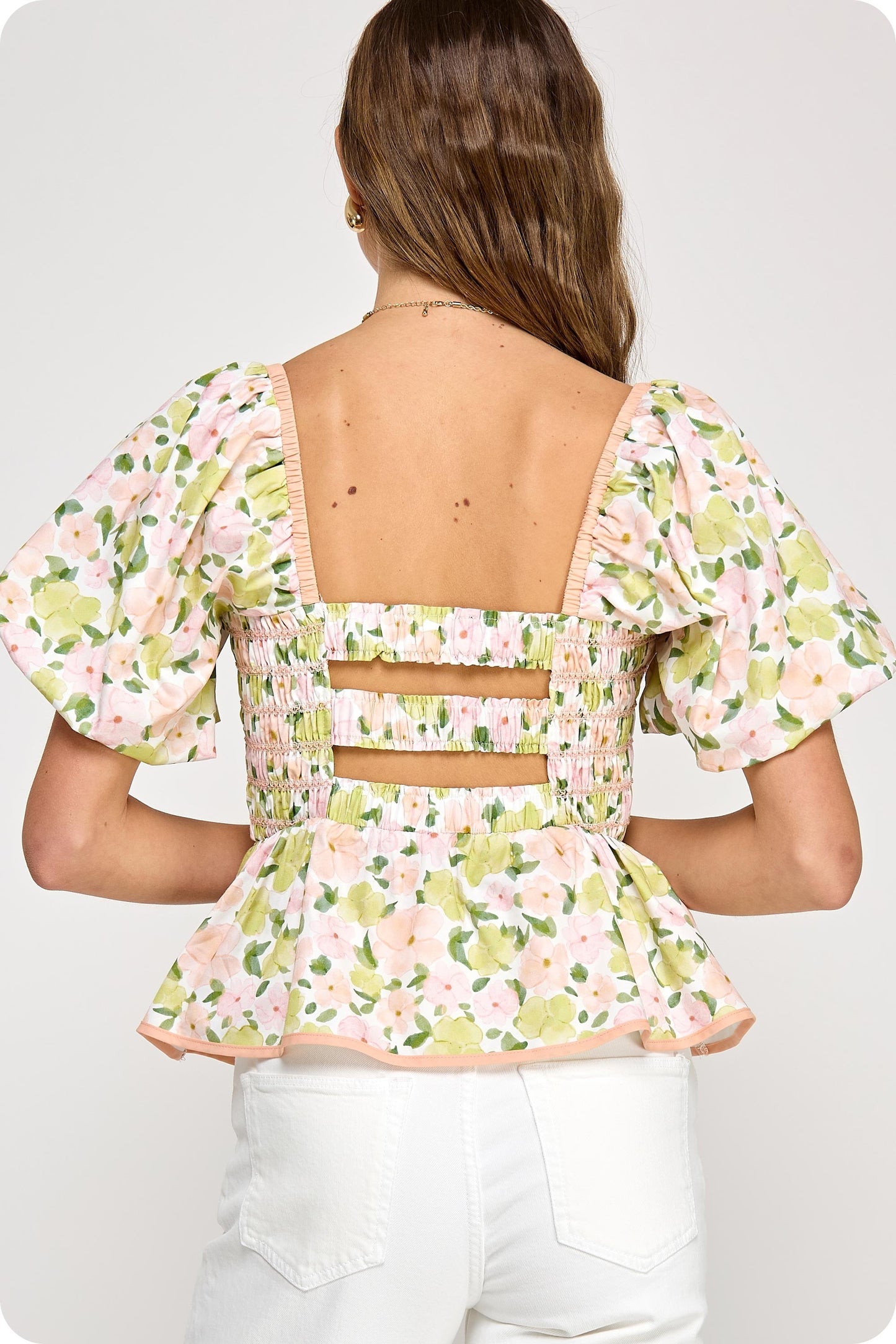 Coral Floral Print Smocking Top