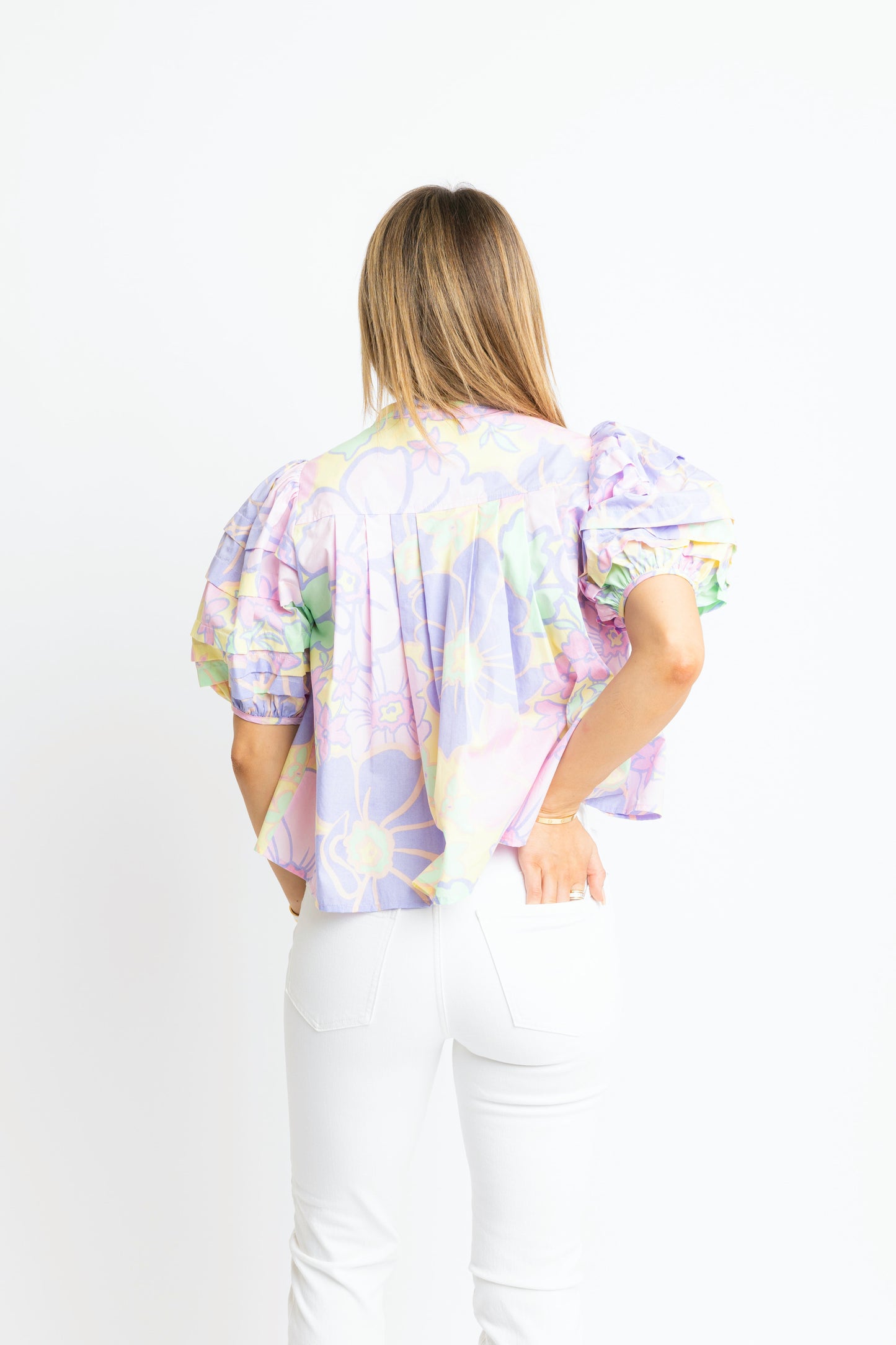 Karlie Lavender Floral Pleat Sleeve Top