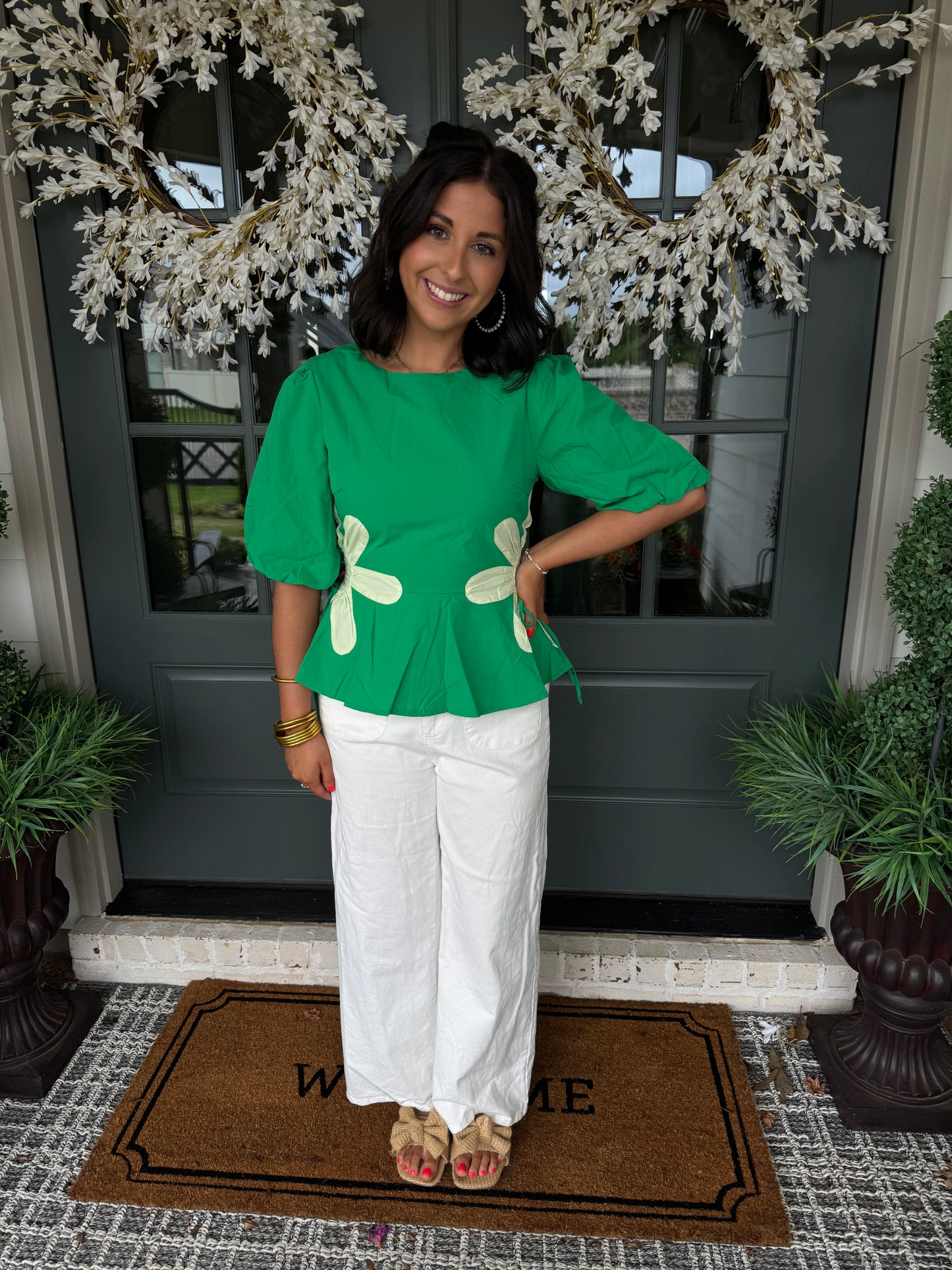 Green Flower Detail Peplum Top