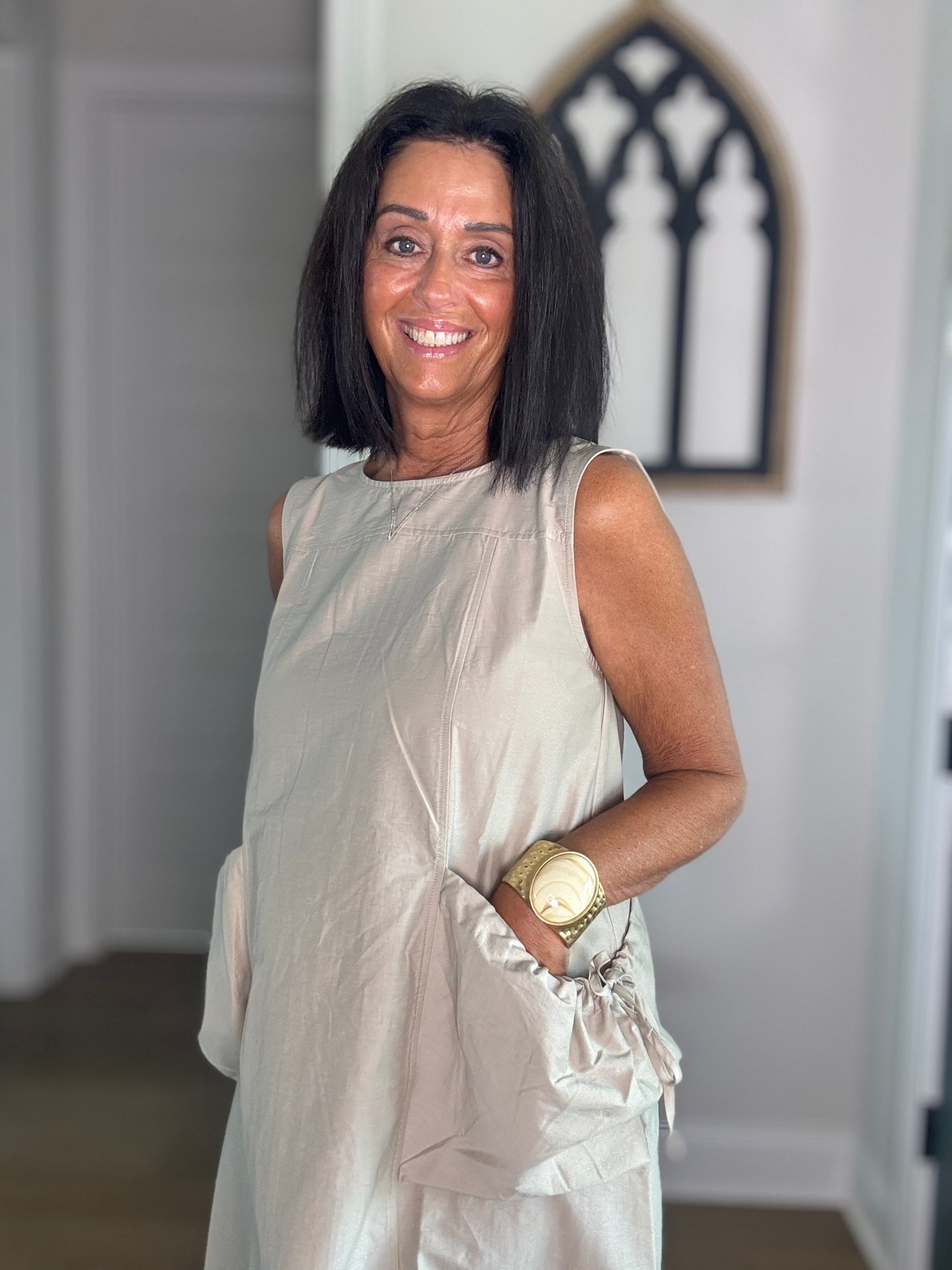 Phoebe Pocket Tie Sleeveless Midi Dress Sand Color