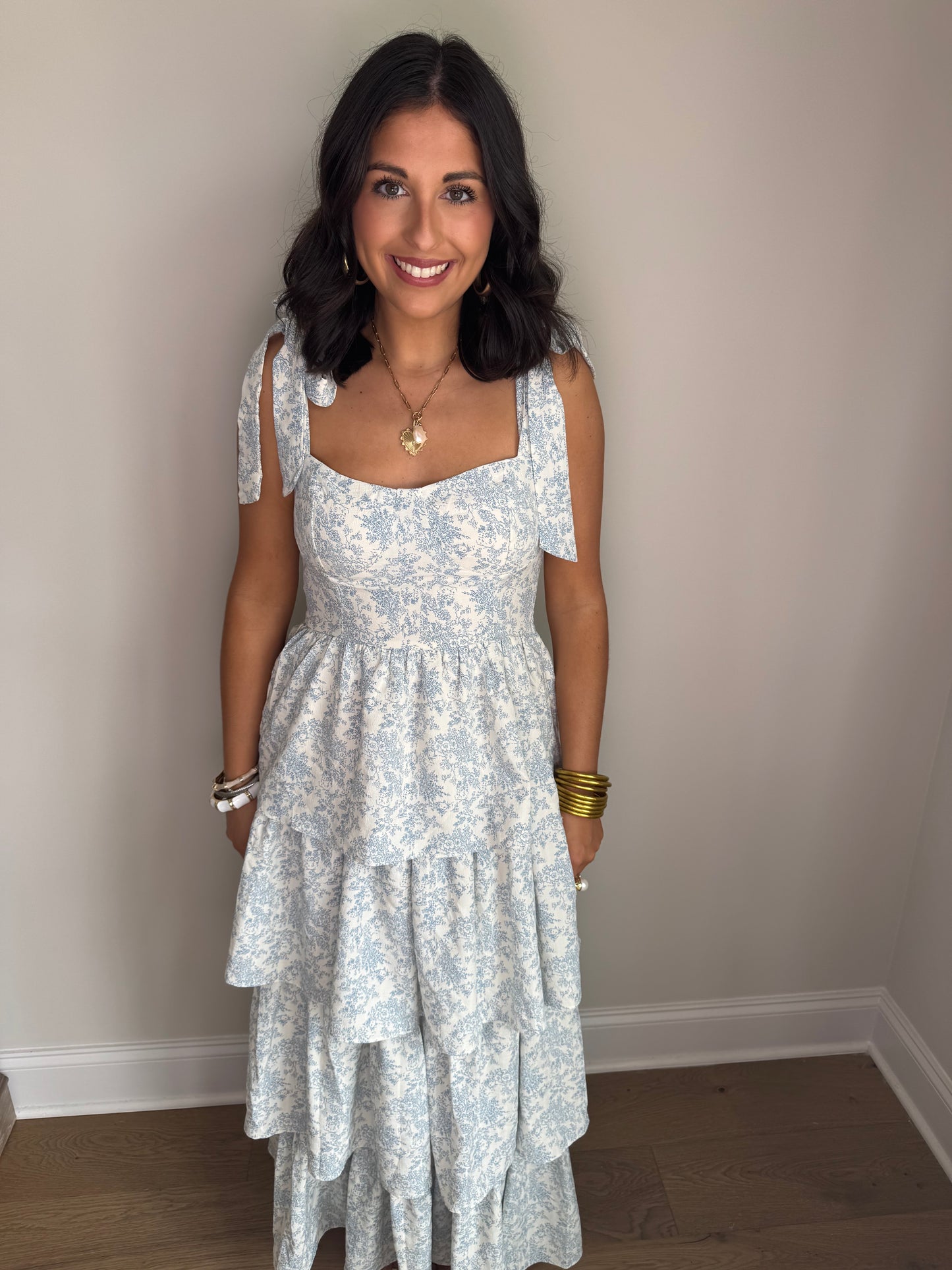 Southern Bell Shoulder Ribbon Strap Tiered Maxi Dress