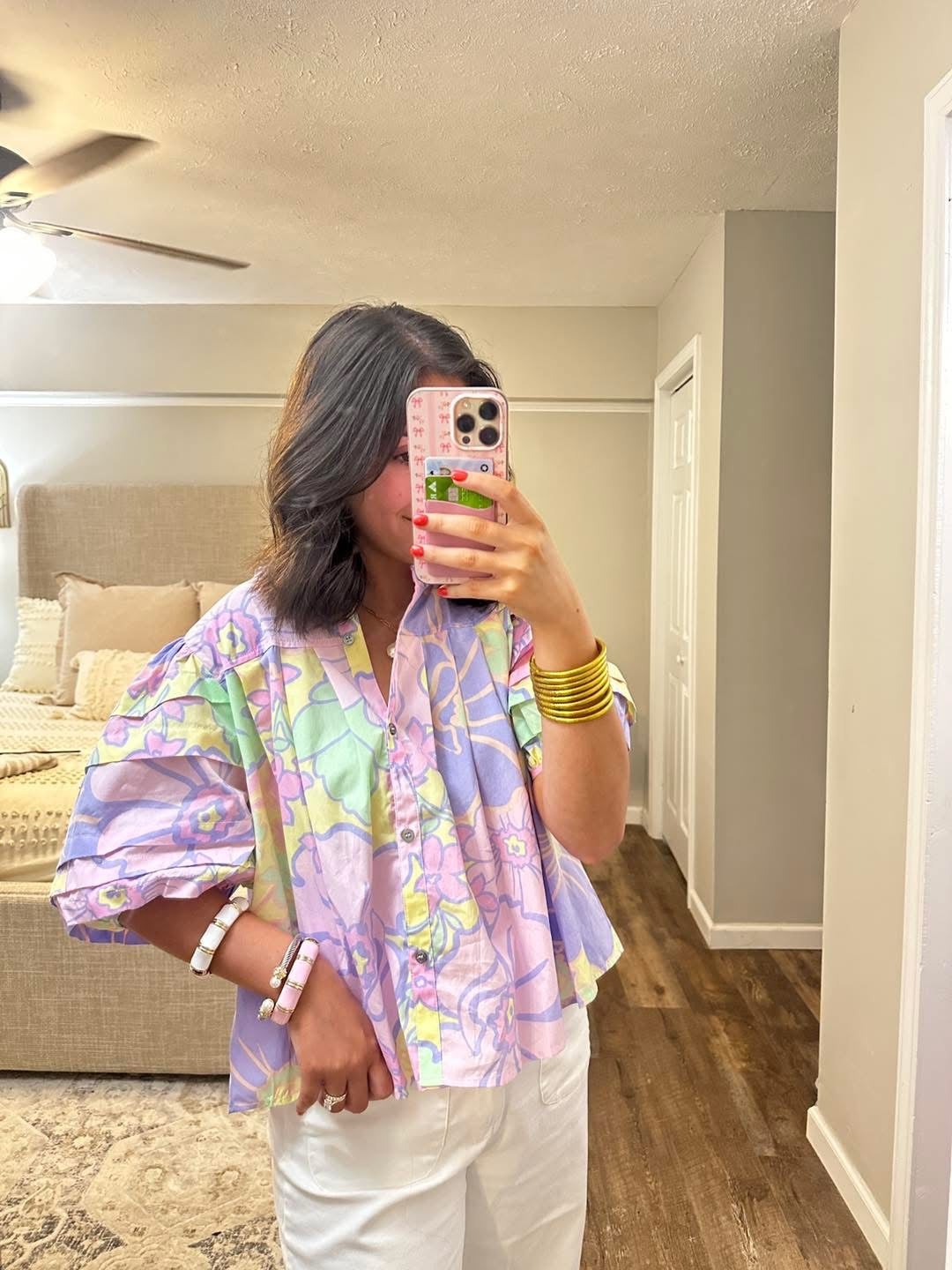 Karlie Lavender Floral Pleat Sleeve Top