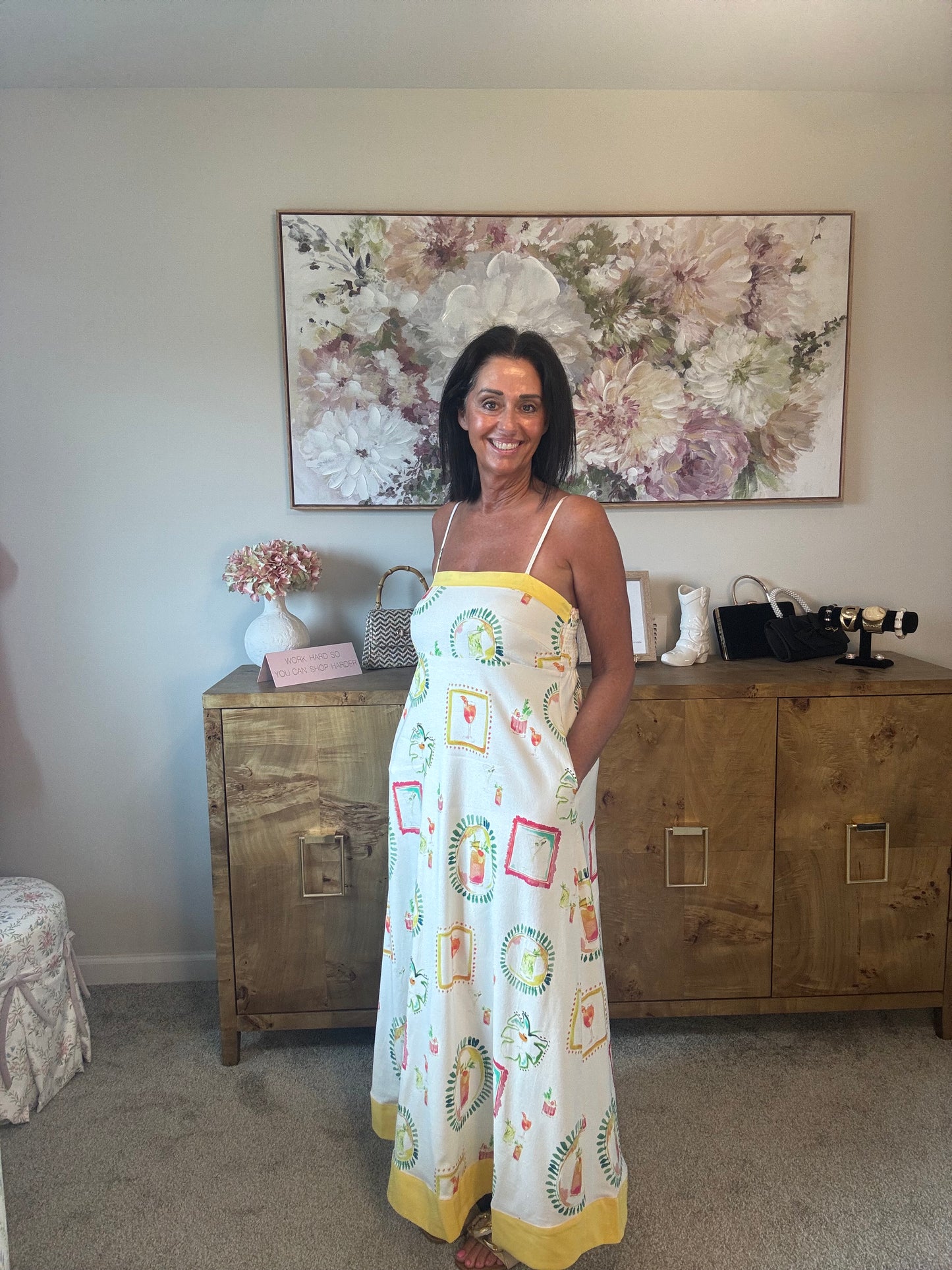 Happy Hour Print Spaghetti Strap Midi Dress