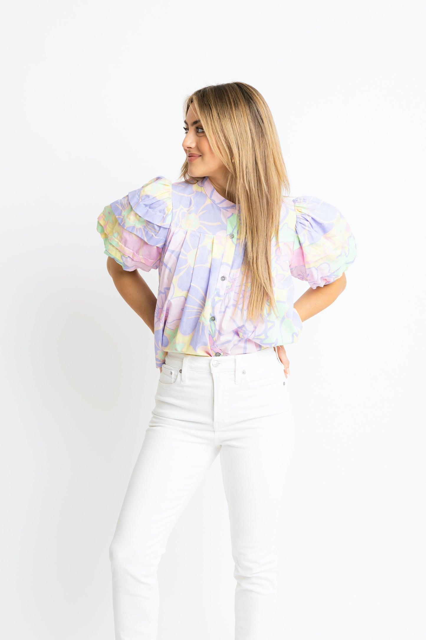 Karlie Lavender Floral Pleat Sleeve Top