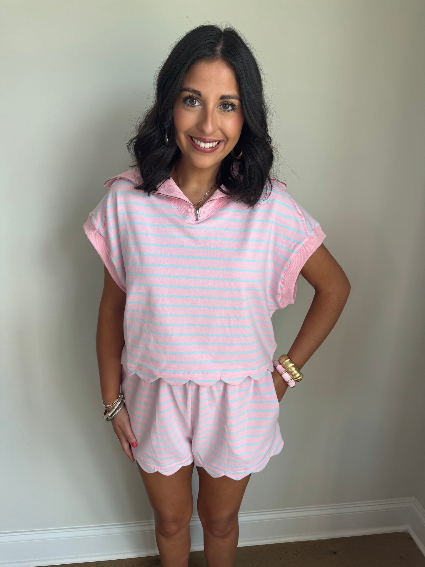 Pink FrenchScallop Hem Matching Set