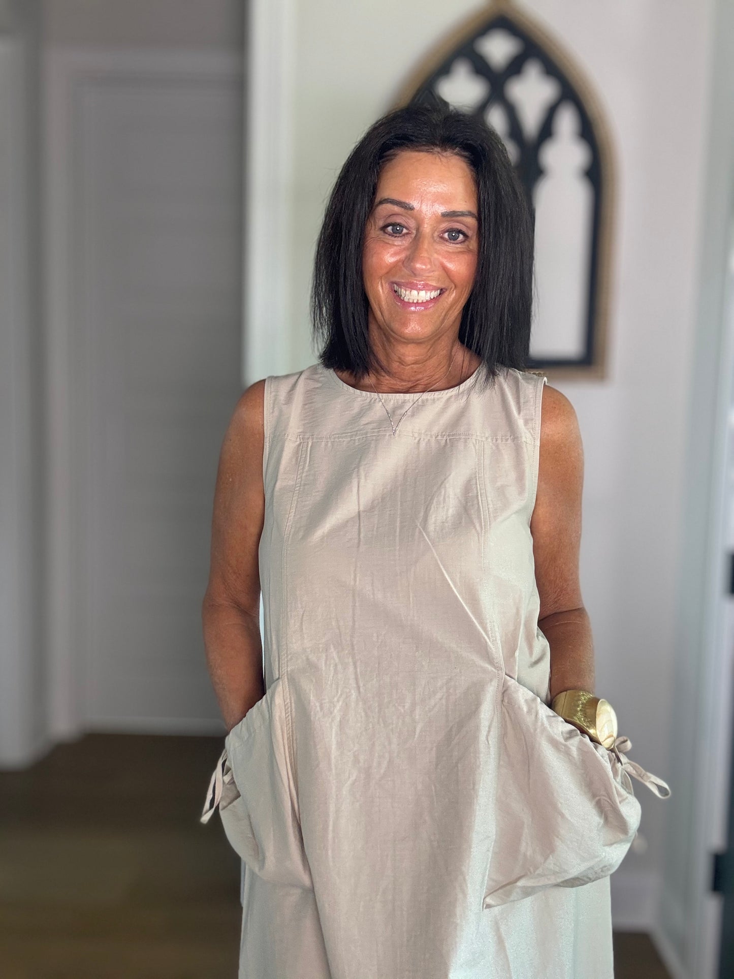 Phoebe Pocket Tie Sleeveless Midi Dress Sand Color