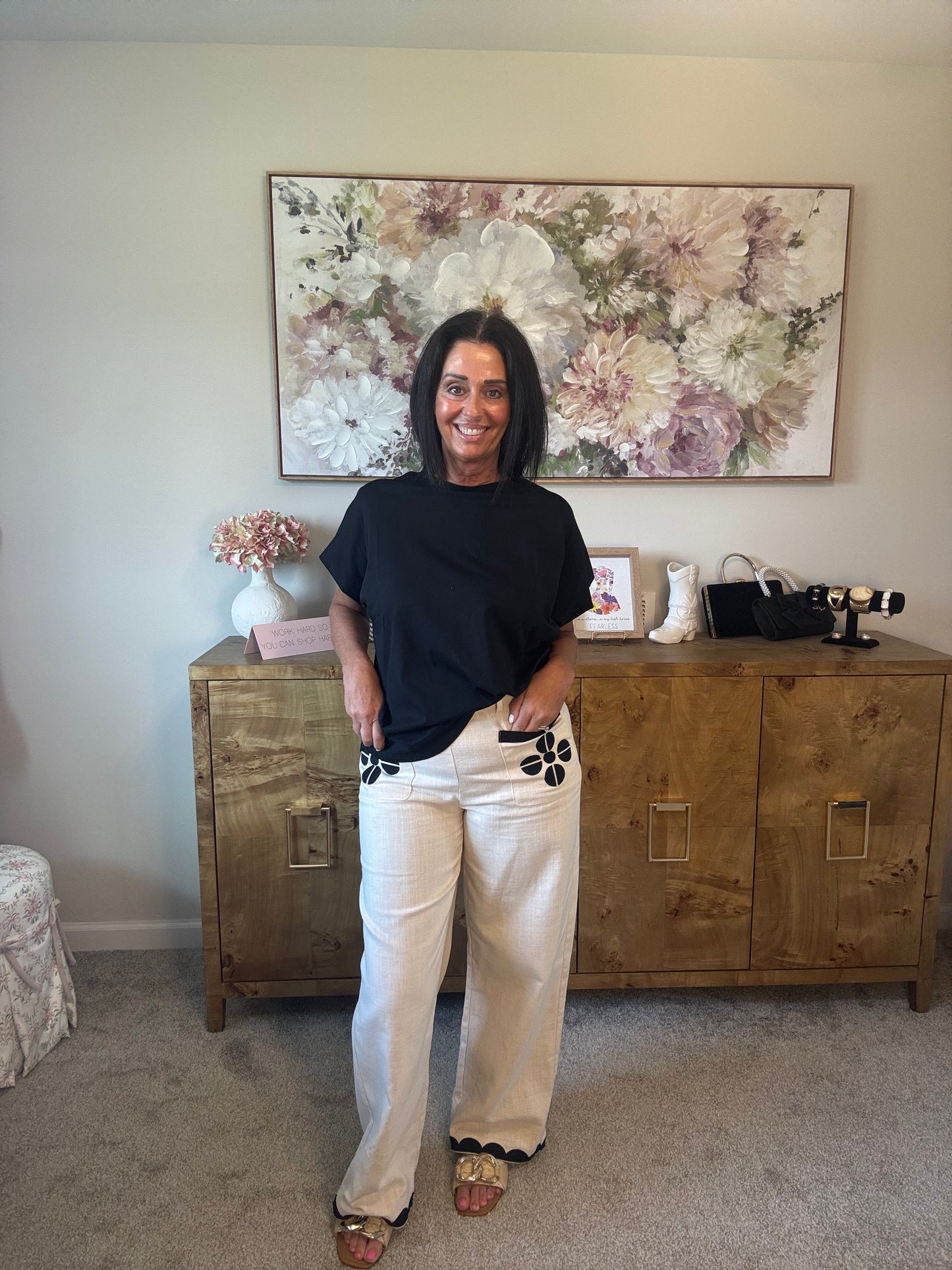Ecru/Black Contrasting Embroidery Pants