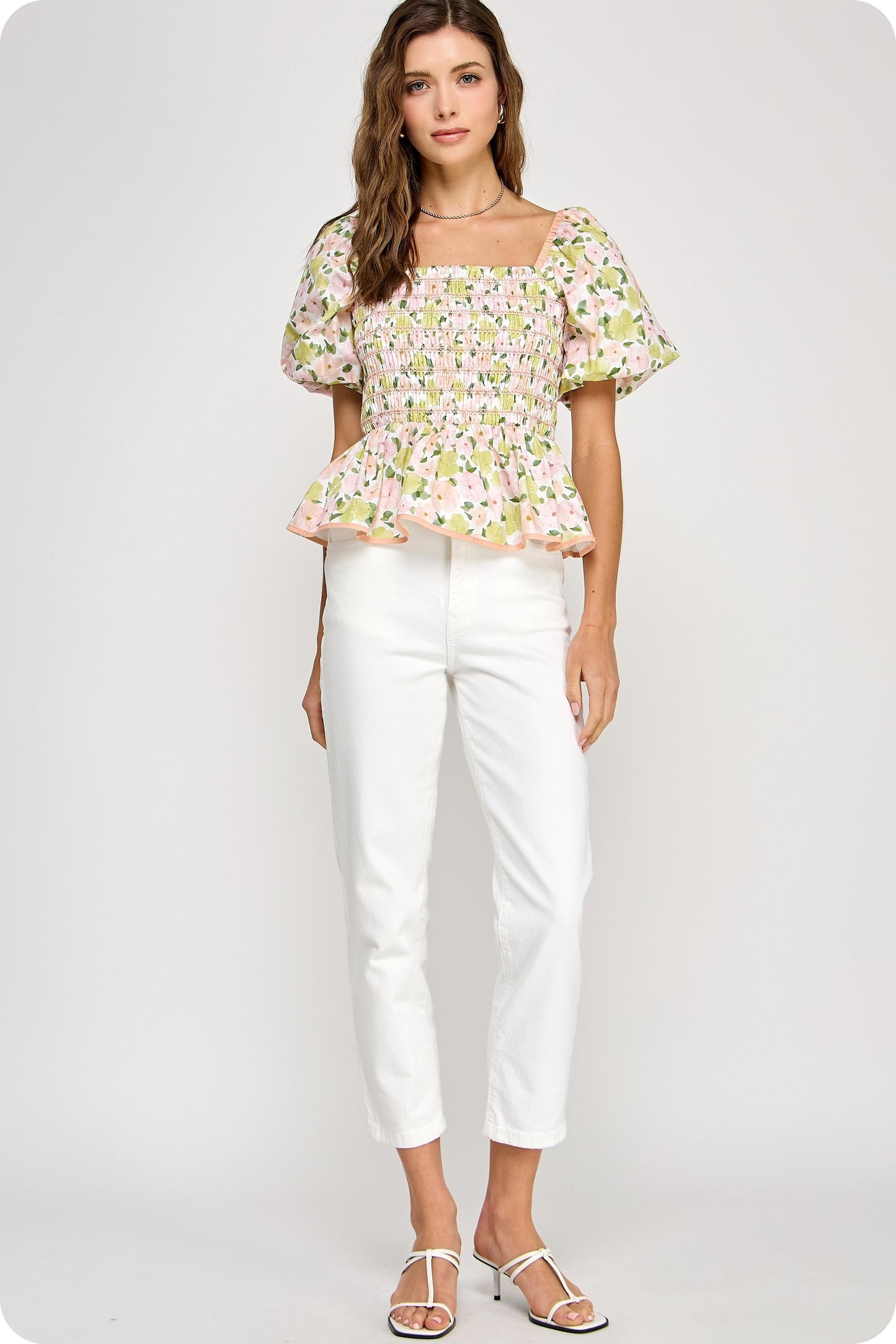 Coral Floral Print Smocking Top