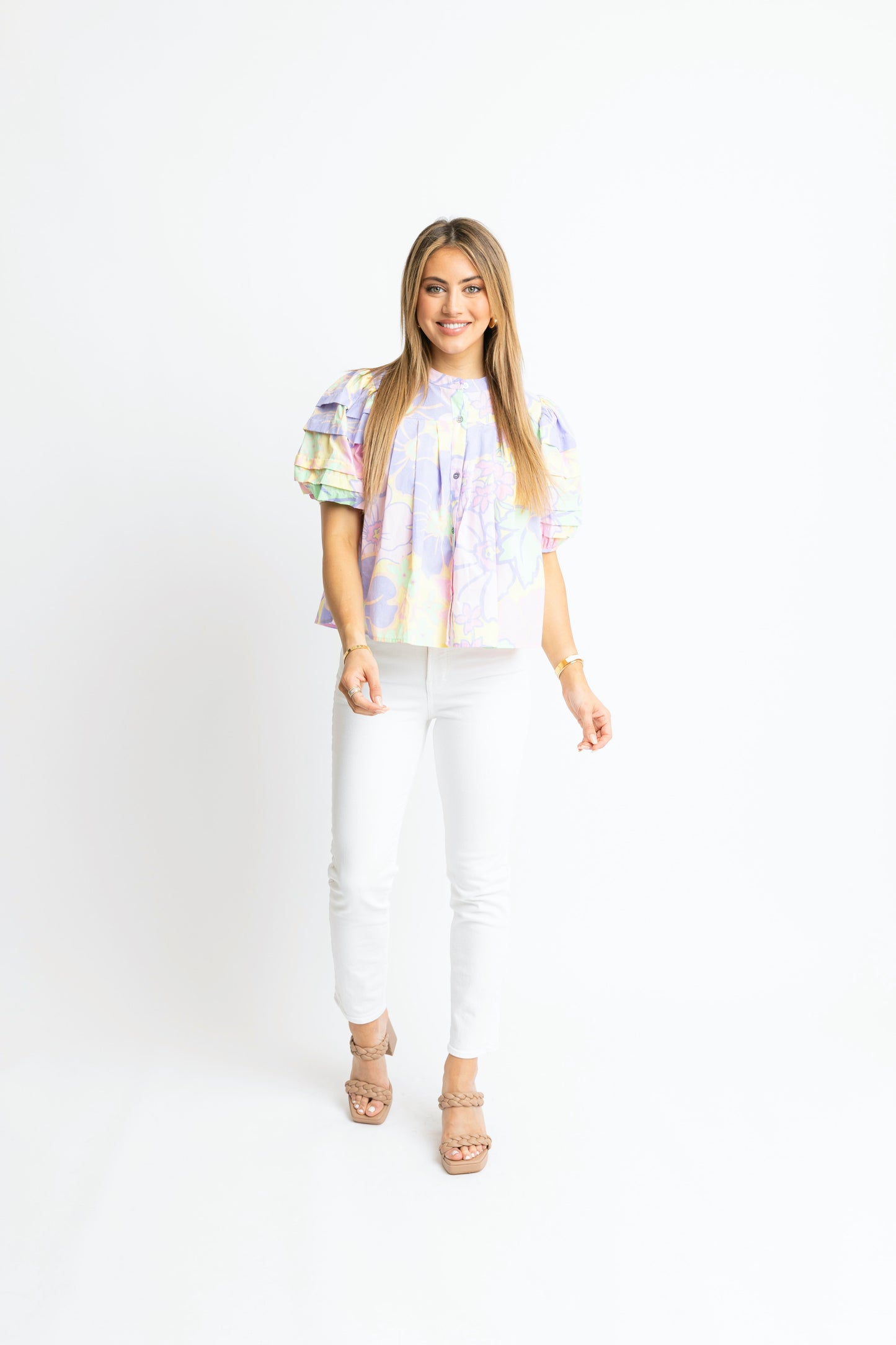 Karlie Lavender Floral Pleat Sleeve Top