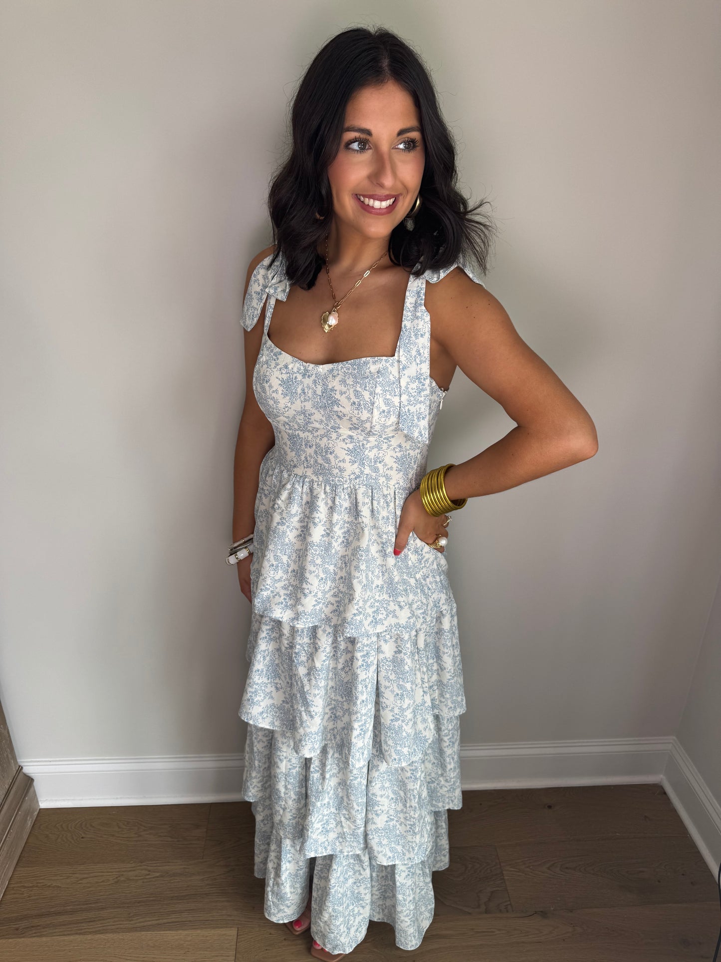 Southern Bell Shoulder Ribbon Strap Tiered Maxi Dress