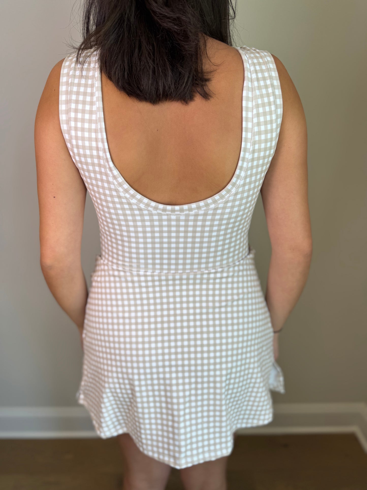 Beige Gingham Sleeveless Wrap Tie Front Dress