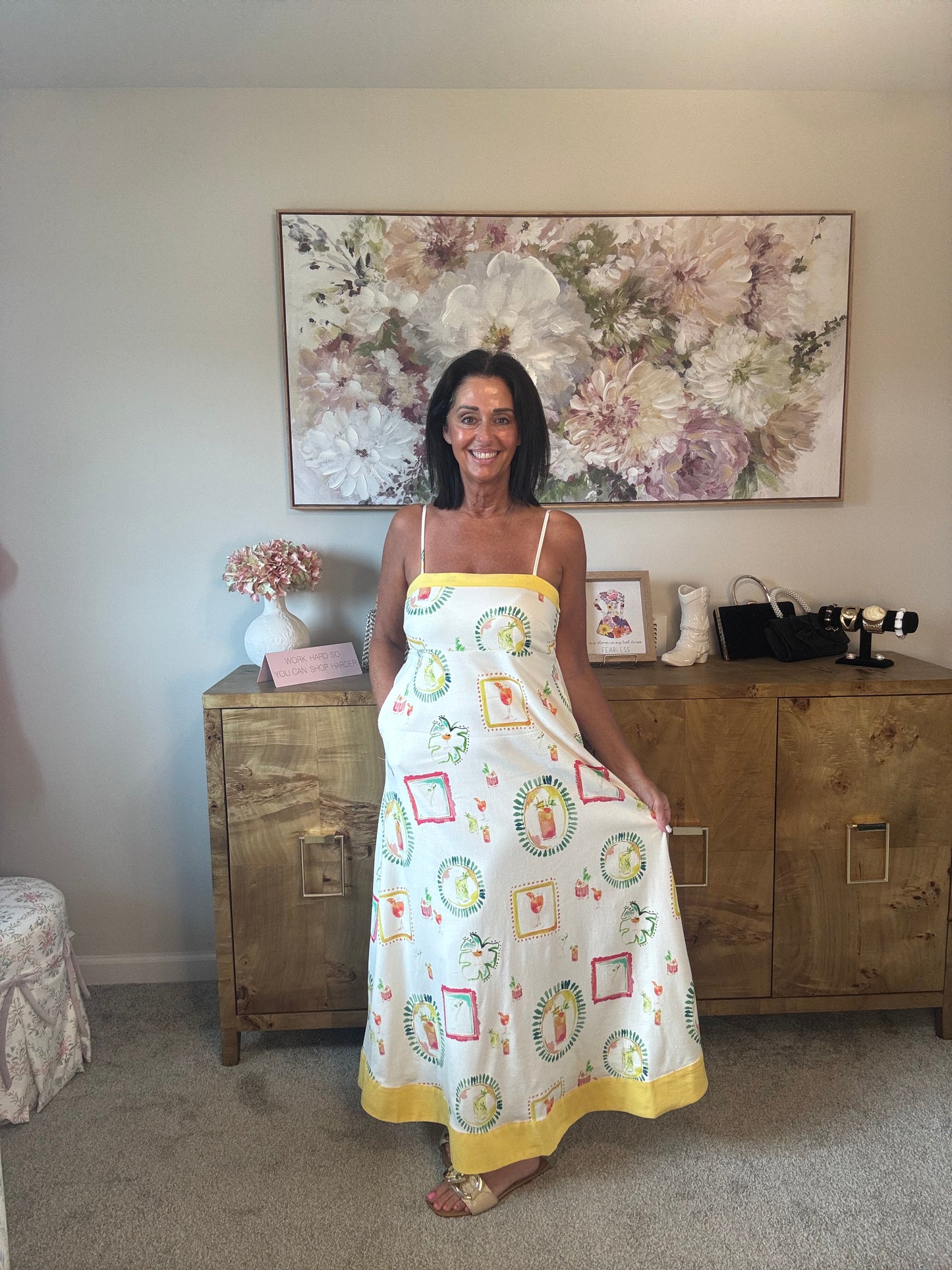 Happy Hour Print Spaghetti Strap Midi Dress