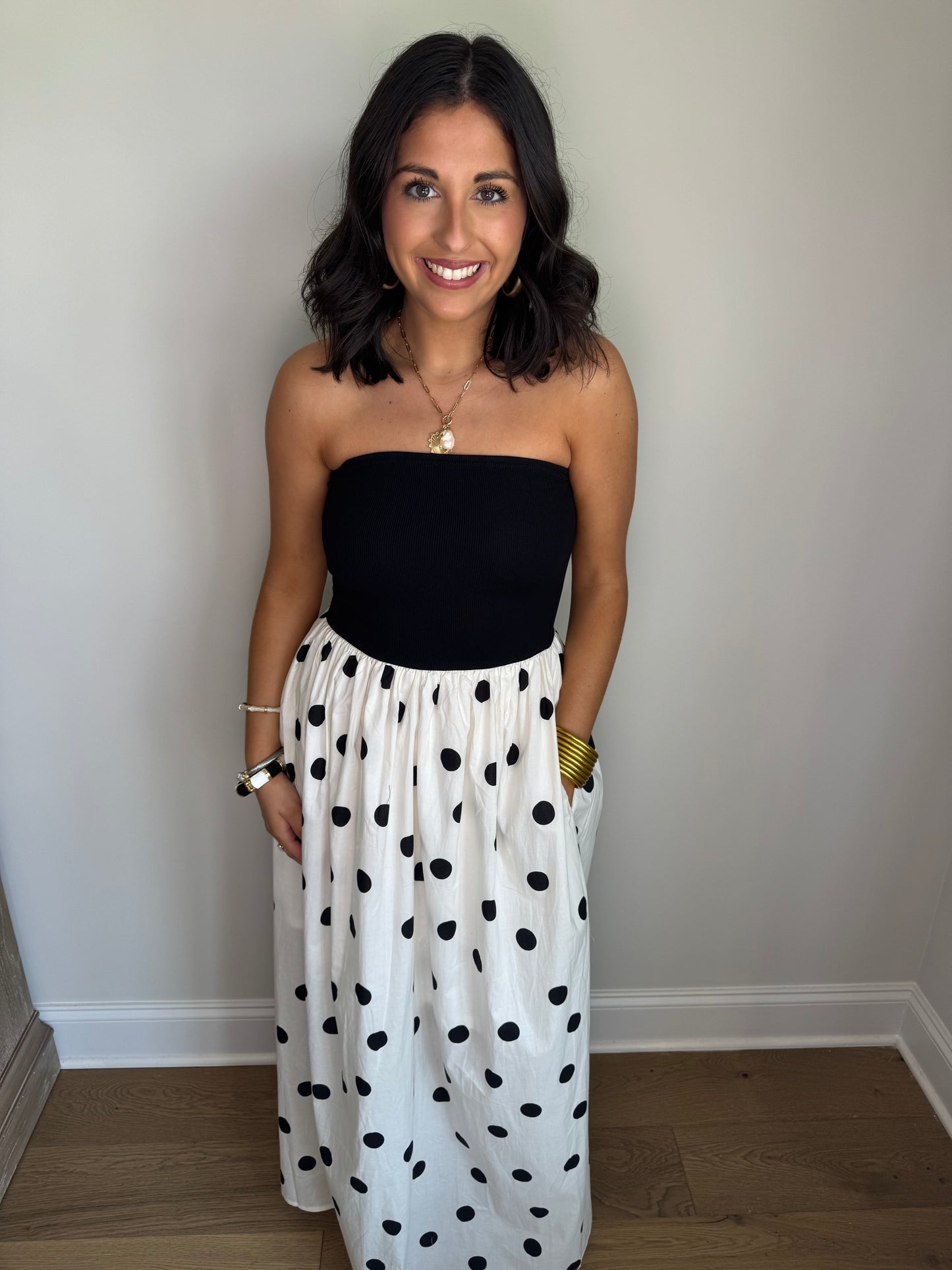 The Marilyn Black/White Strapless Polka Dot Midi Dress