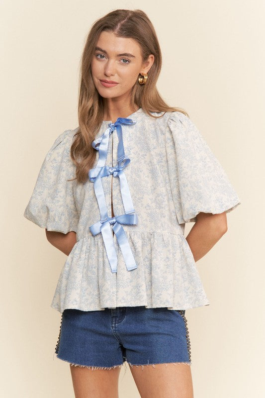 Blue Floral Print Short Sleeve top