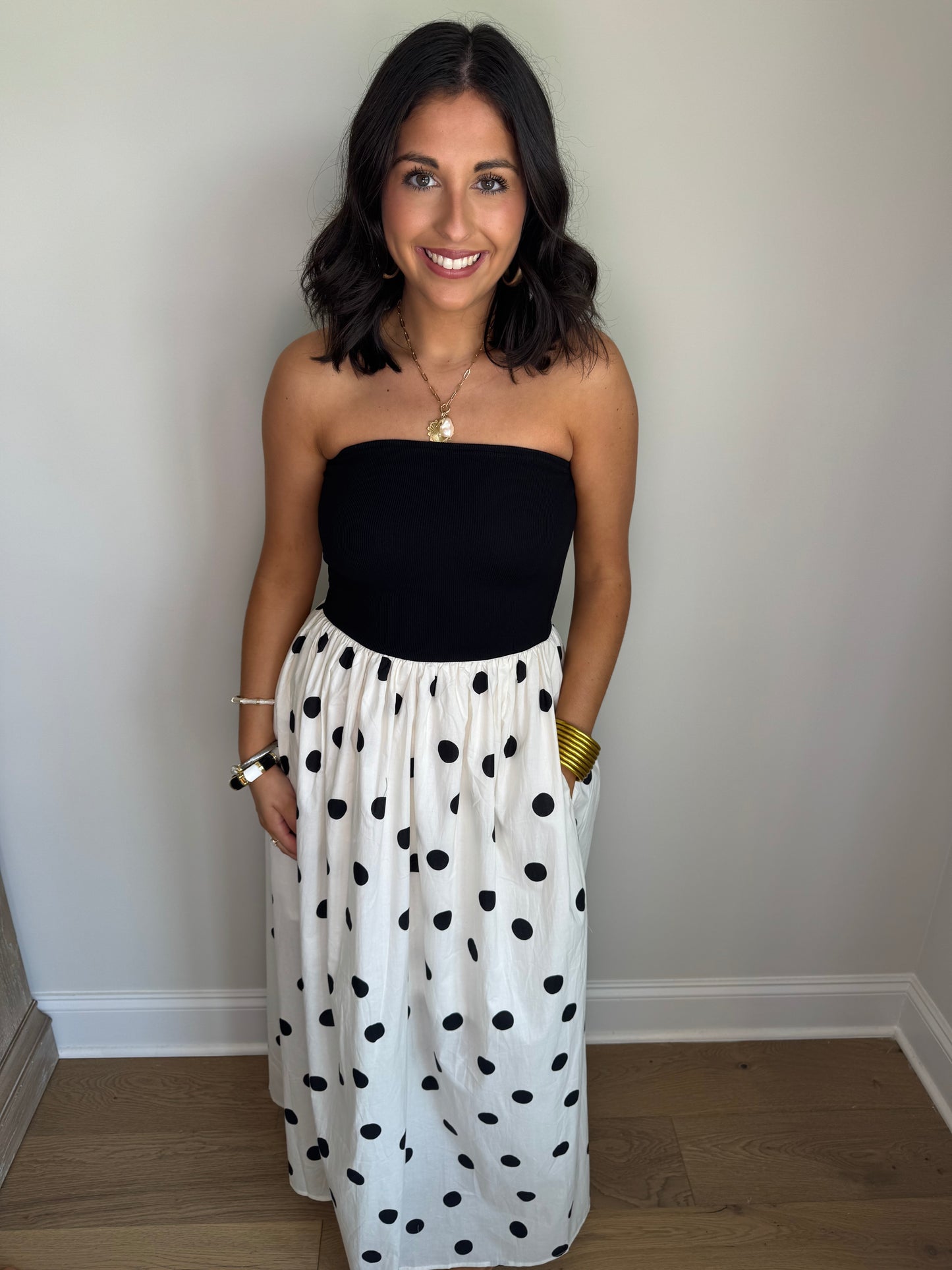 The Marilyn Black/White Strapless Polka Dot Midi Dress