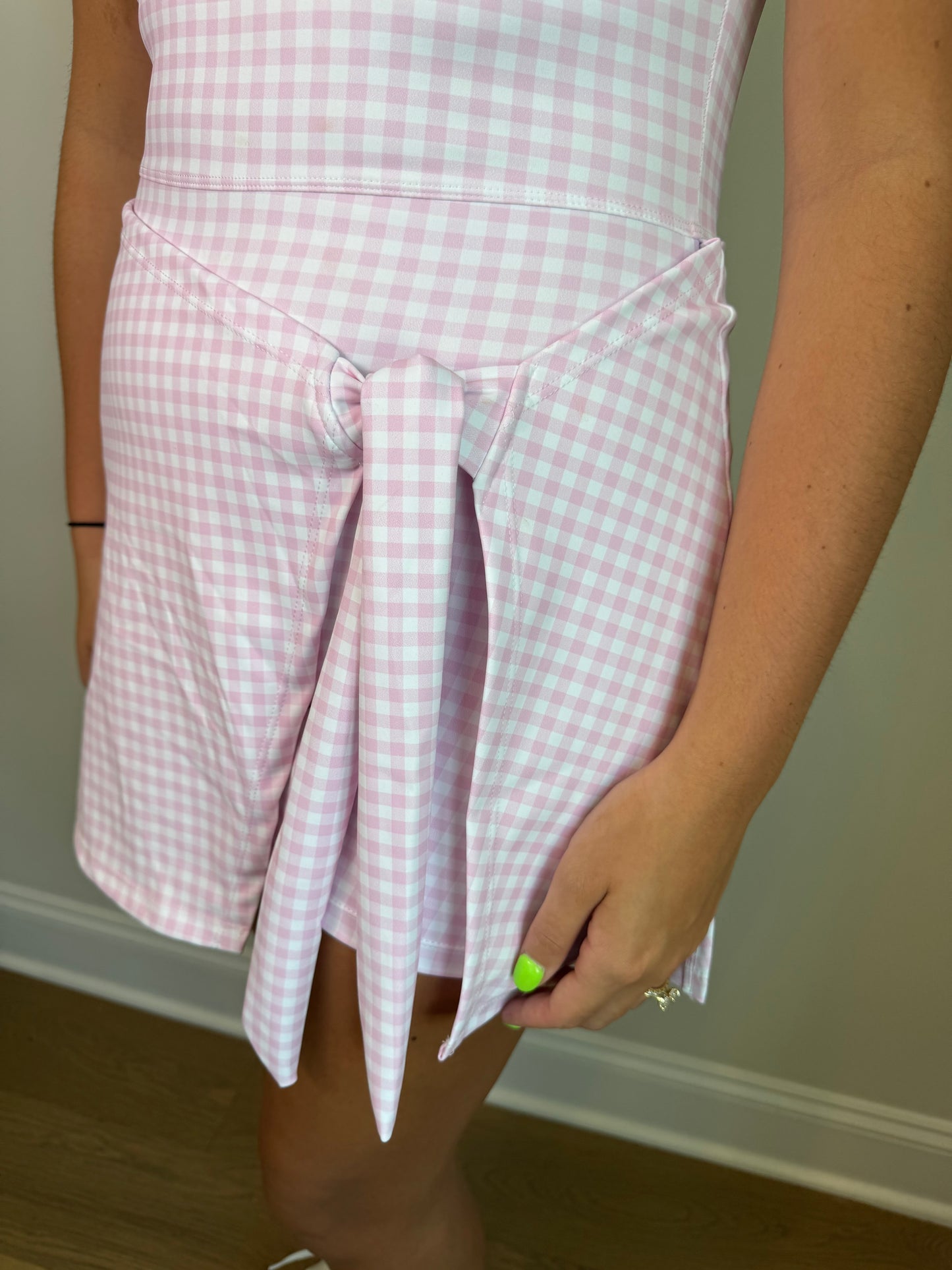 Pink Gingham Sleeveless Wrap Tie Front Dress