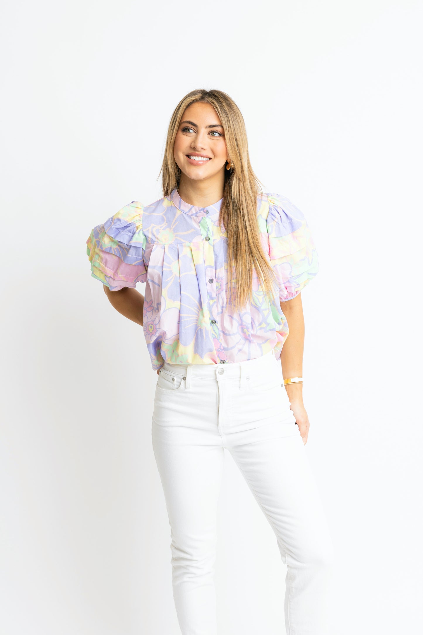 Karlie Lavender Floral Pleat Sleeve Top
