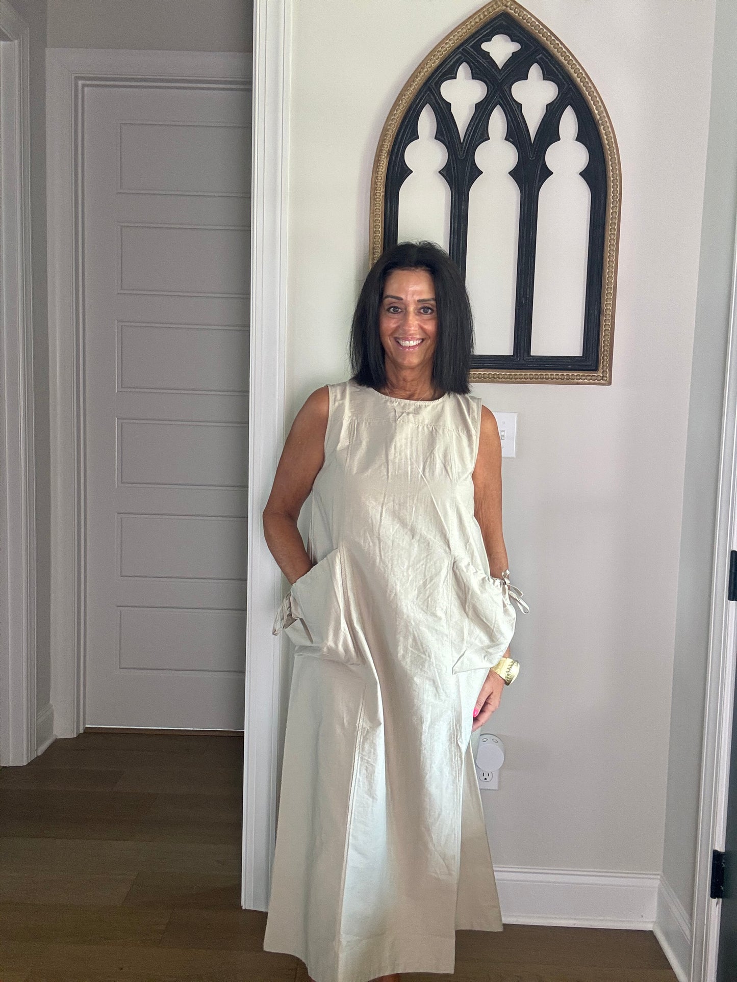 Phoebe Pocket Tie Sleeveless Midi Dress Sand Color