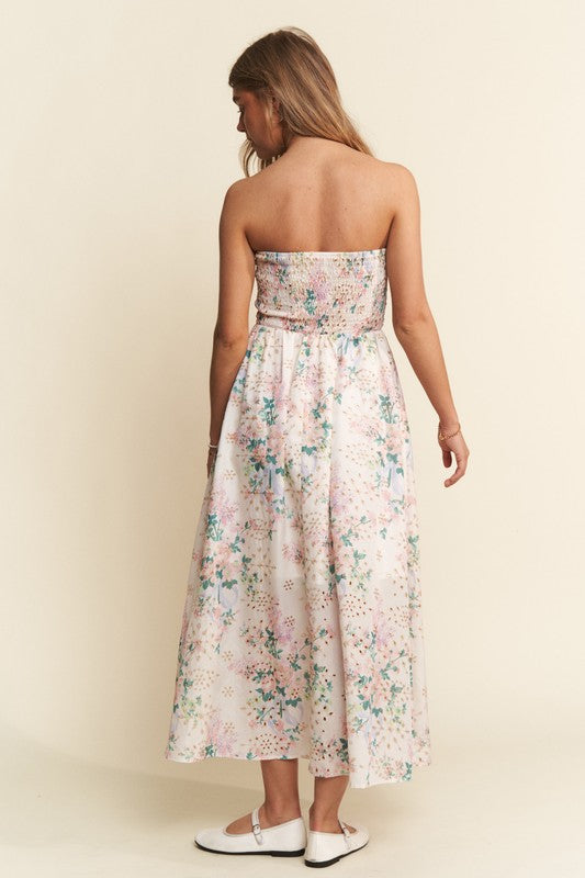 Vivian Floral Print Eyelet Strapless Midi Dress