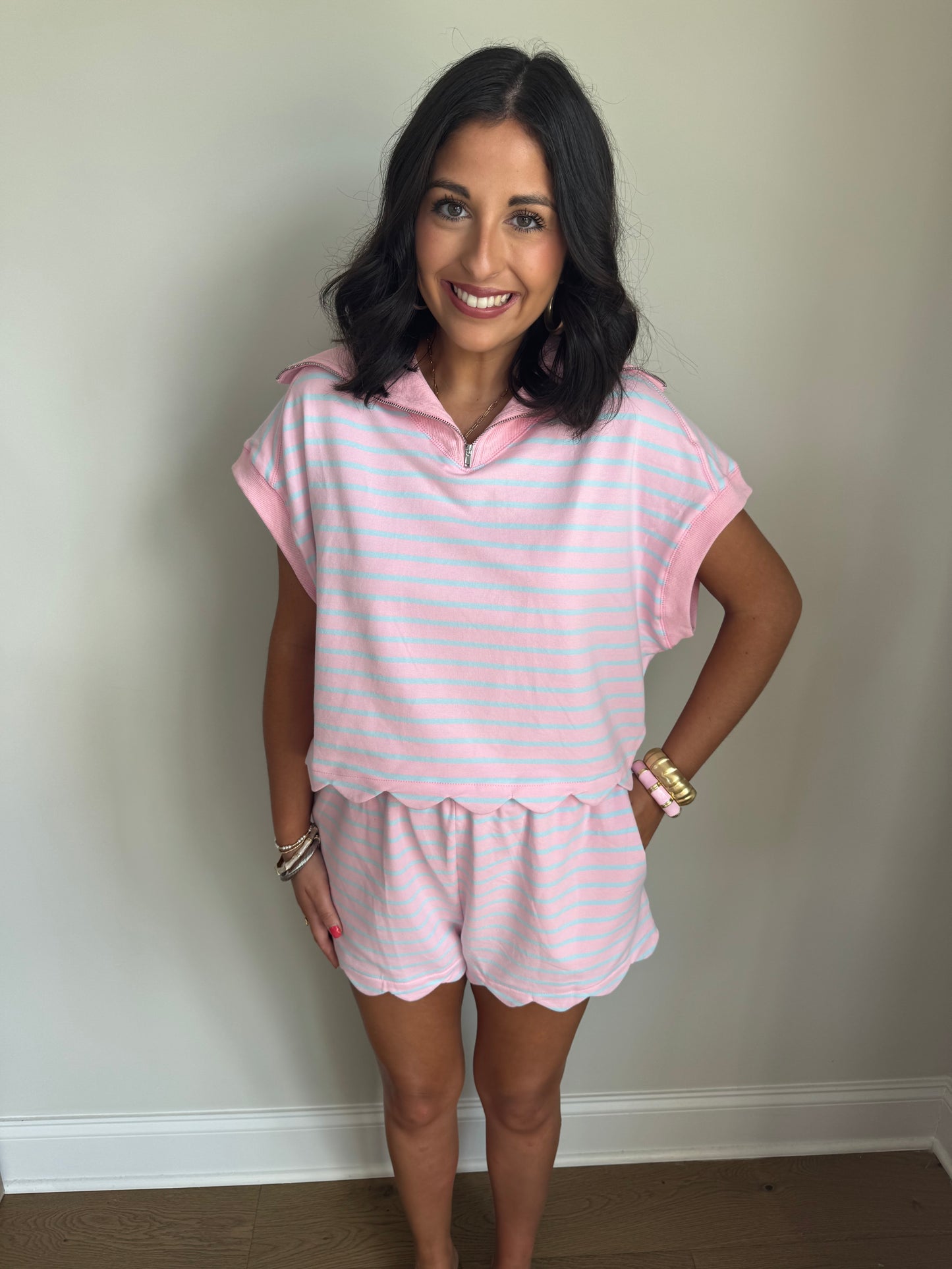 Pink FrenchScallop Hem Matching Set