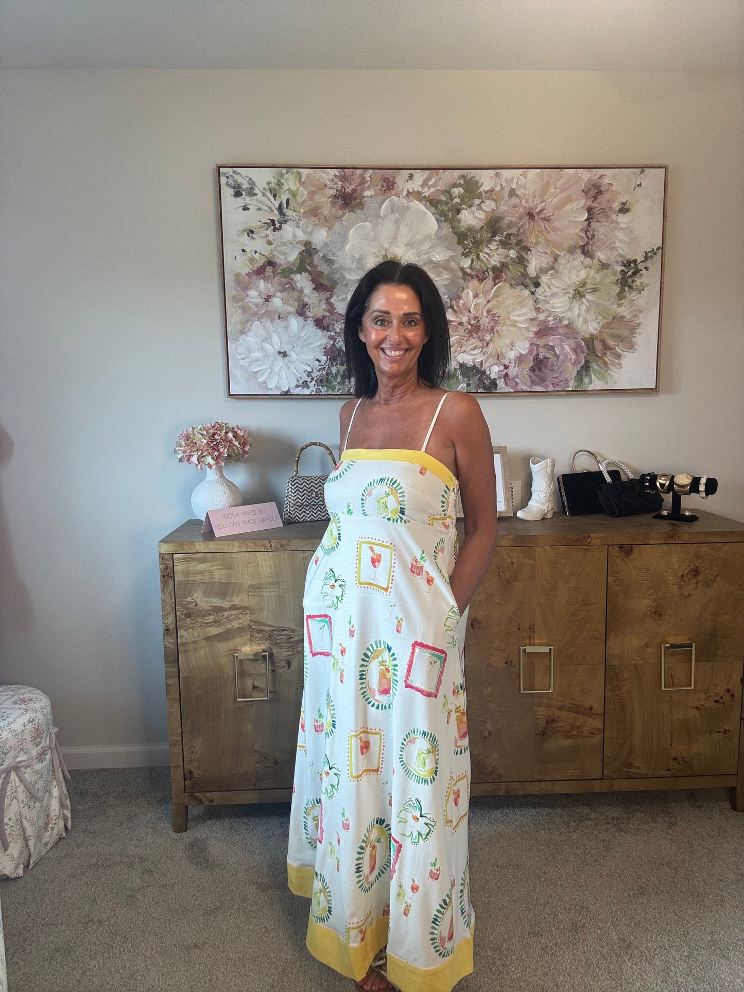 Happy Hour Print Spaghetti Strap Midi Dress