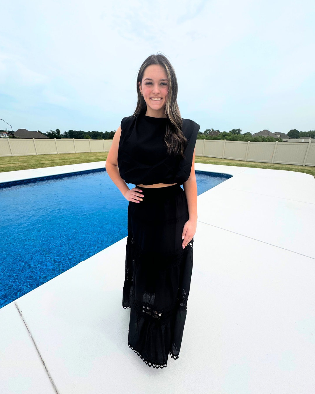 Beach Club Black Crop Bubble Top And Lace Trimmed Maxi Skirt Set