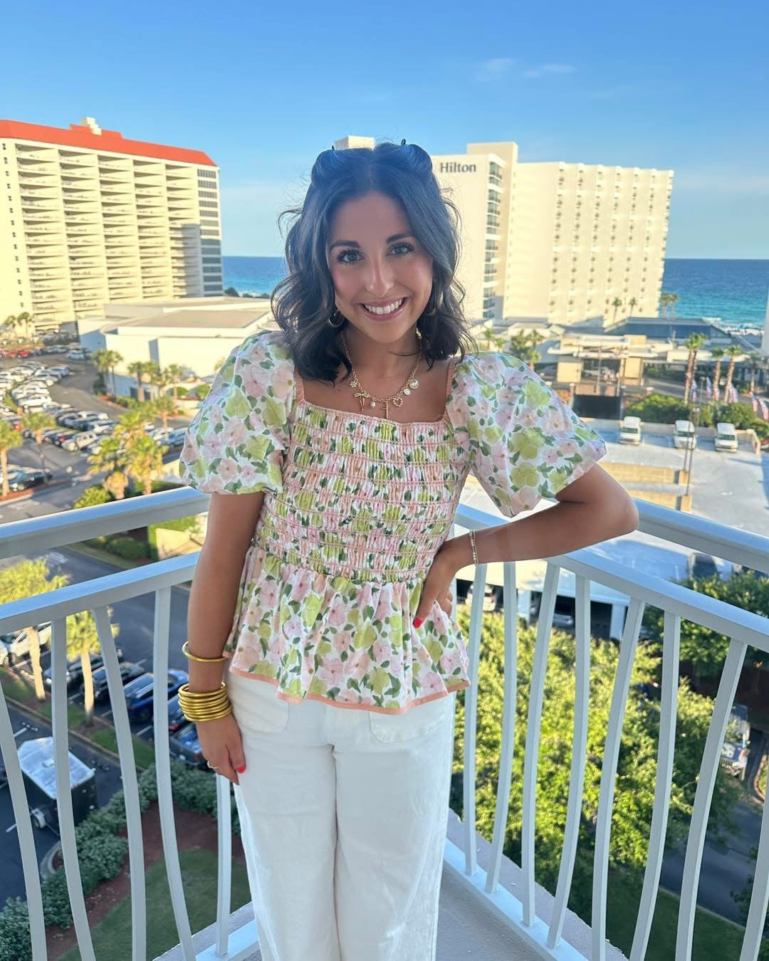 Coral Floral Print Smocking Top