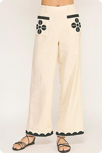 Ecru/Black Contrasting Embroidery Pants