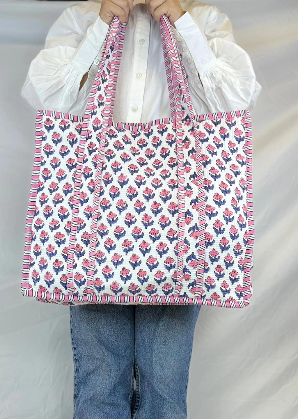 Block Print Quilted Cotton Tote Bag – Pink Bloom