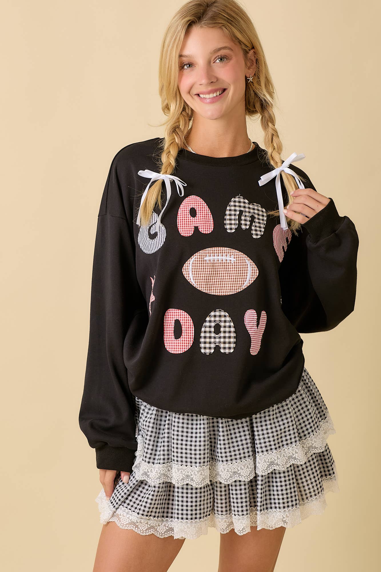 Game Day Patchwork Long Sleeve Crewneck Top