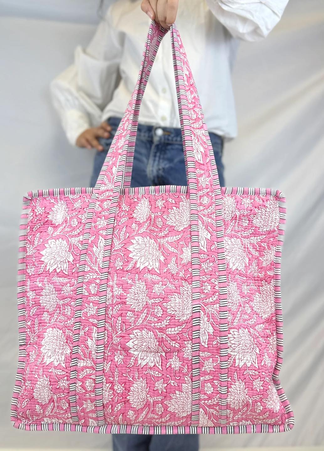 Pink Garden Block Print Quilted Tote Bag