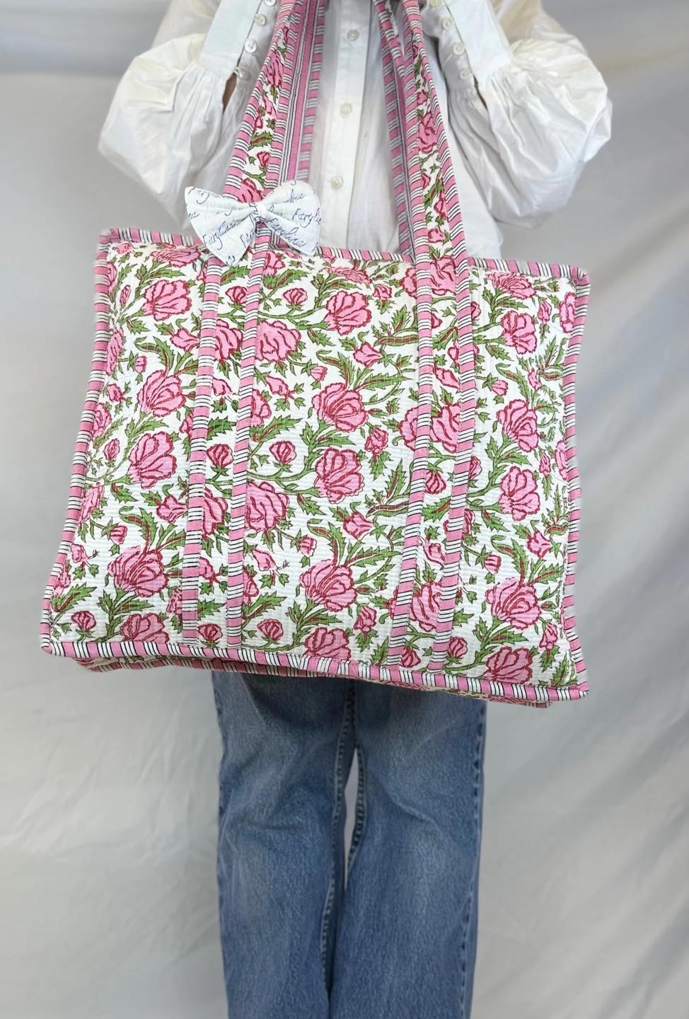 Rose Garden Quilted Cotton Tote Bag – Pink & Green