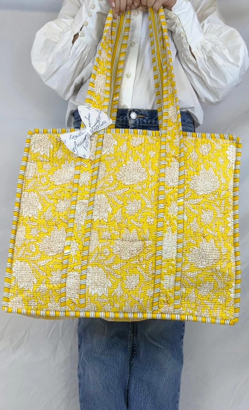 Golden Bloom Quilted Tote Bag – Marigold Yellow