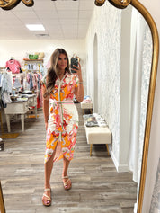 Botanic scarf print self tie waist button down dress