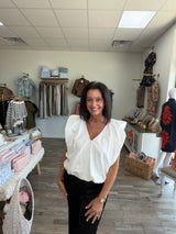 Karlie white poplin V-neck bubble top