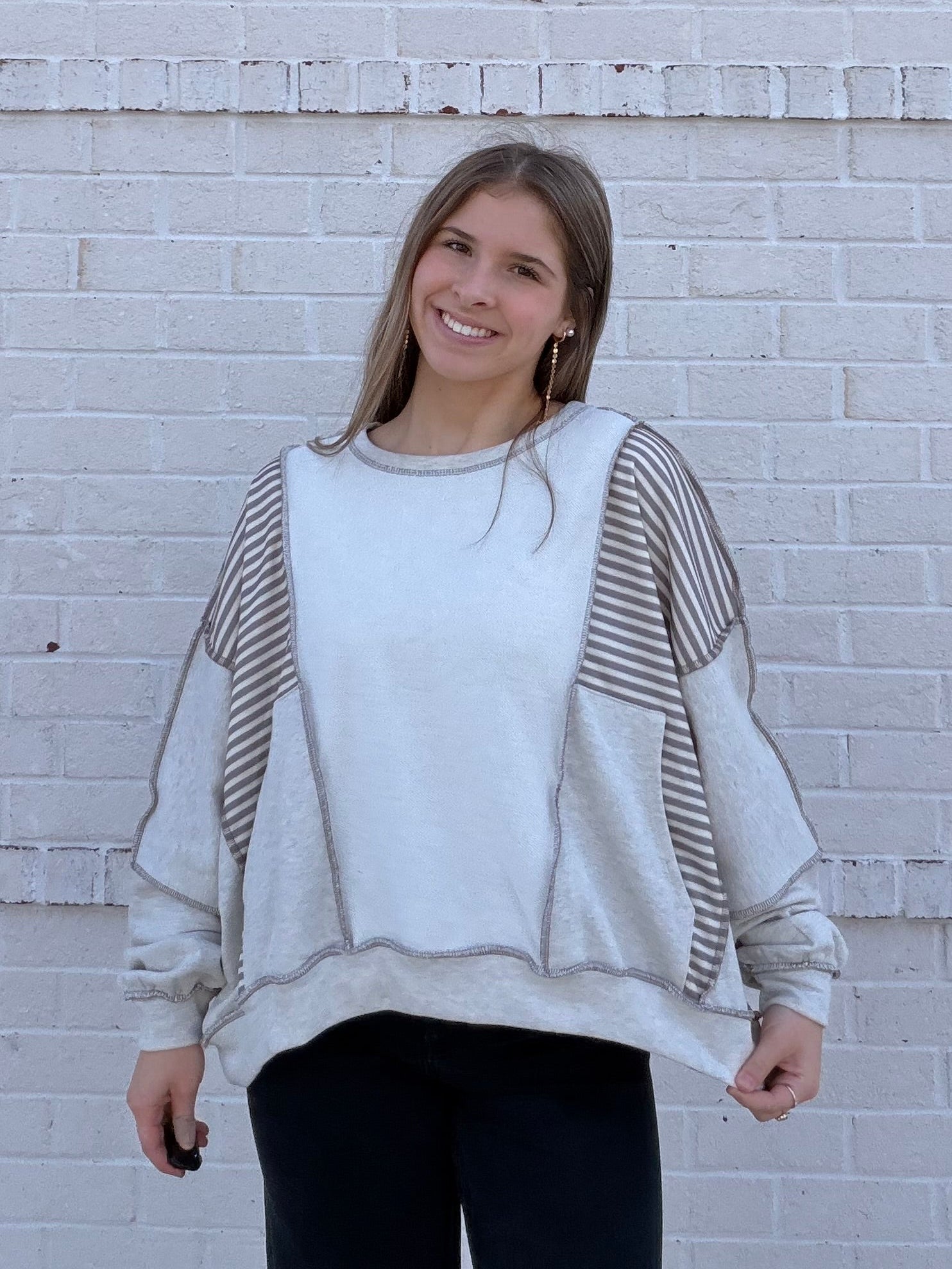 Stripe Patchwork Raw Hem Sweatshirt