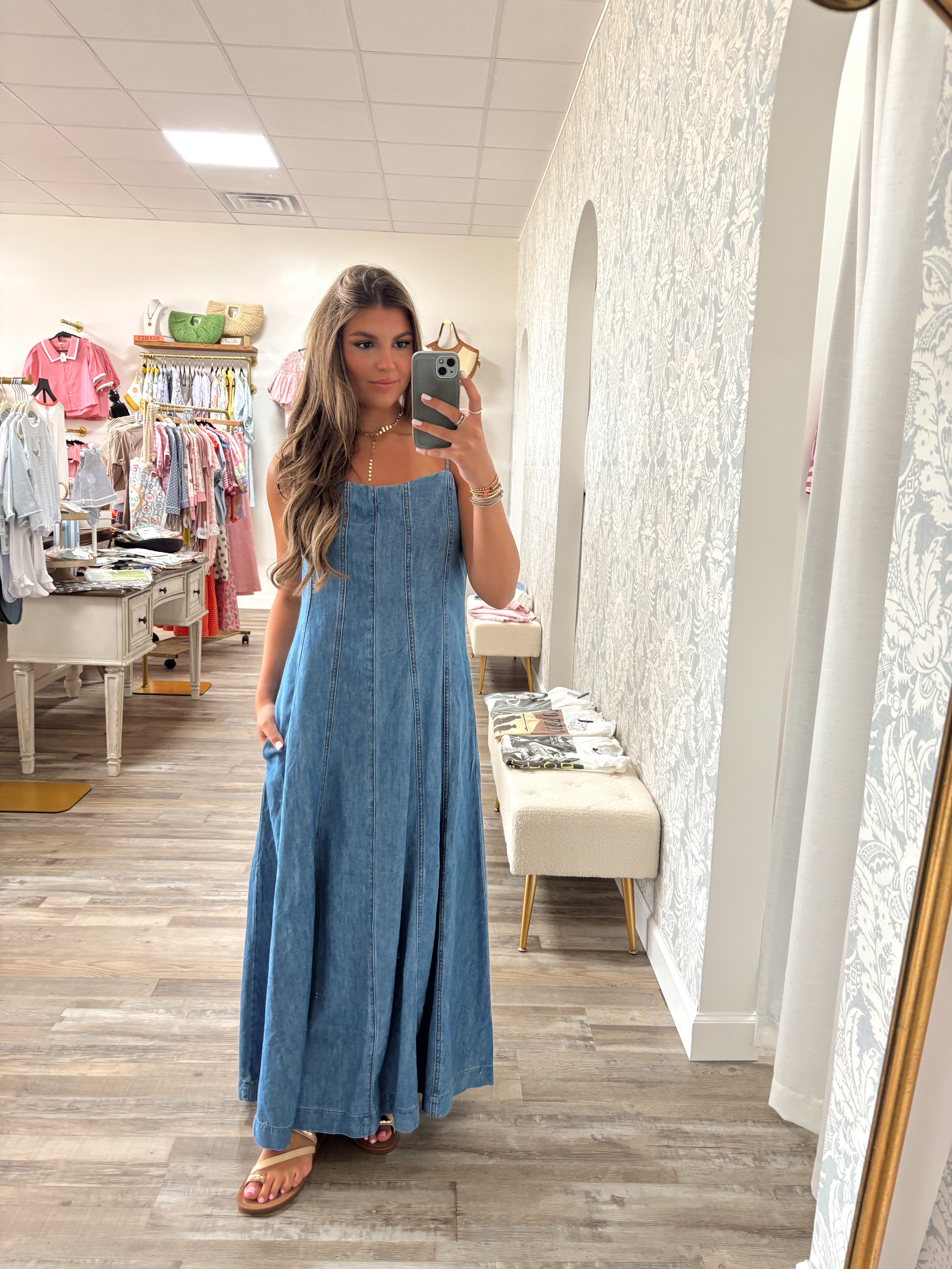 Washed denim spaghetti strap maxi dress